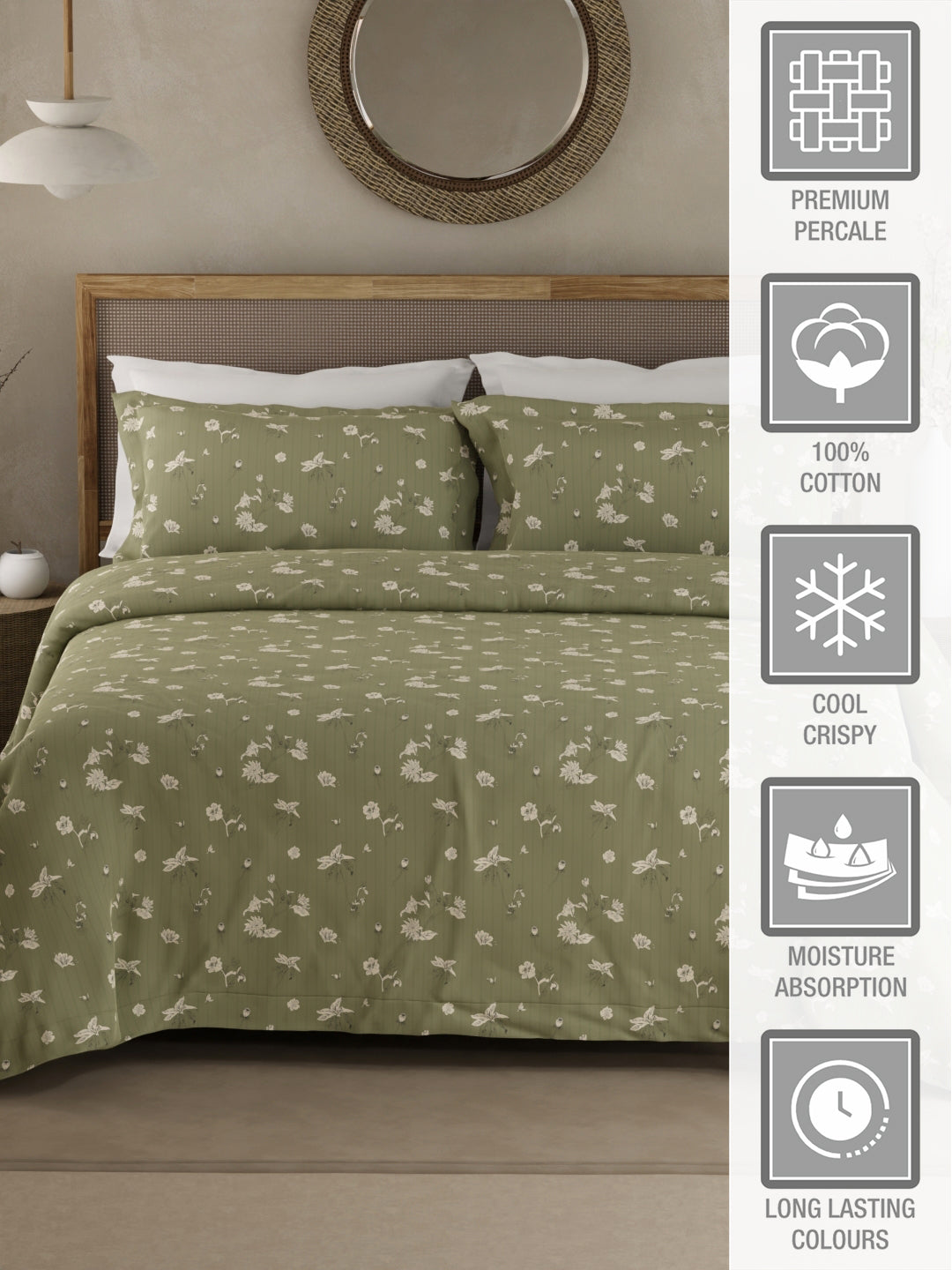 Cottage Garden 100% Organic Cotton 300 TC King Bedsheet with 2 Pillow Covers - Green & White Floral