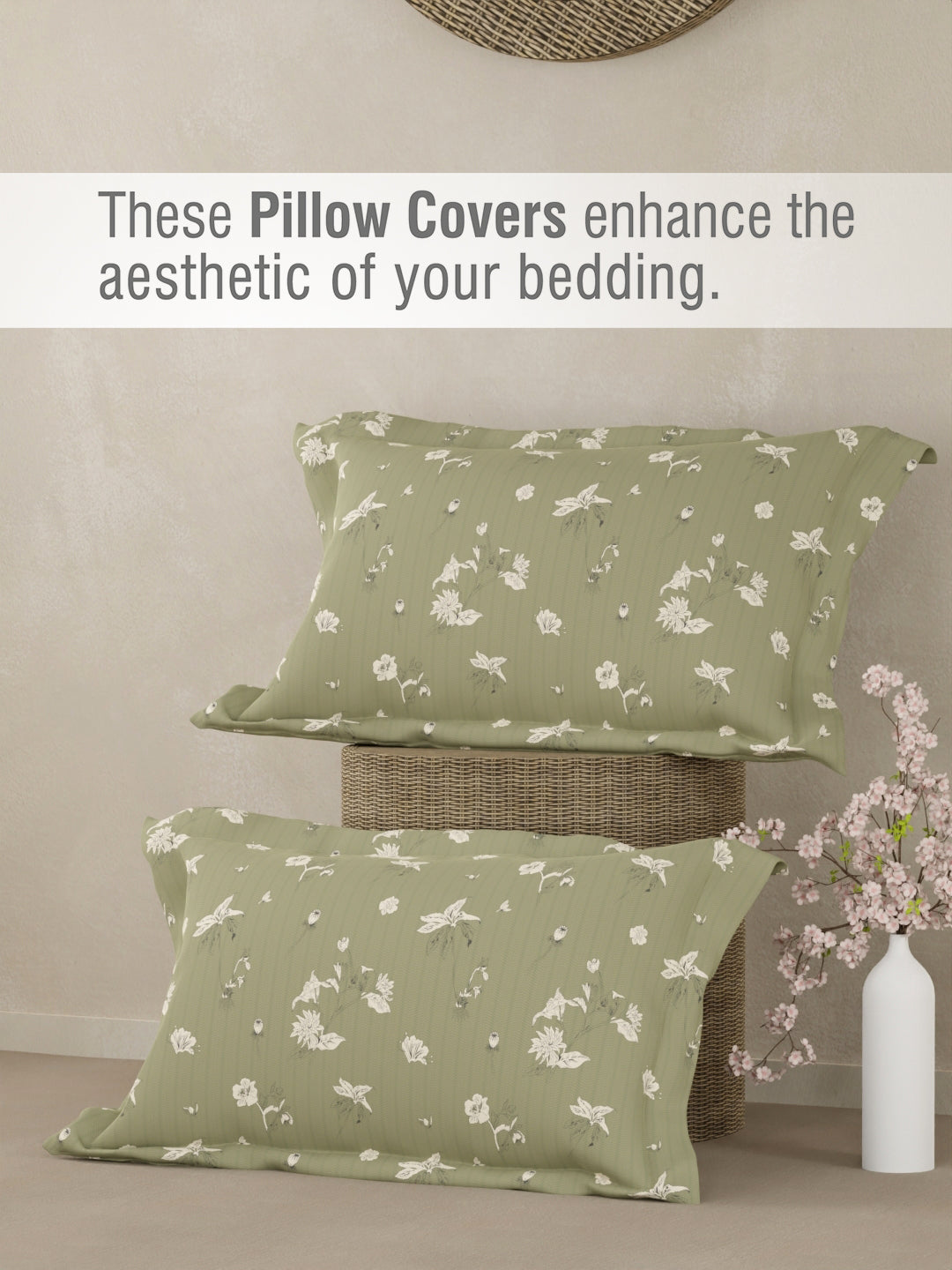 Cottage Garden 100% Organic Cotton 300 TC King Bedsheet with 2 Pillow Covers - Green & White Floral