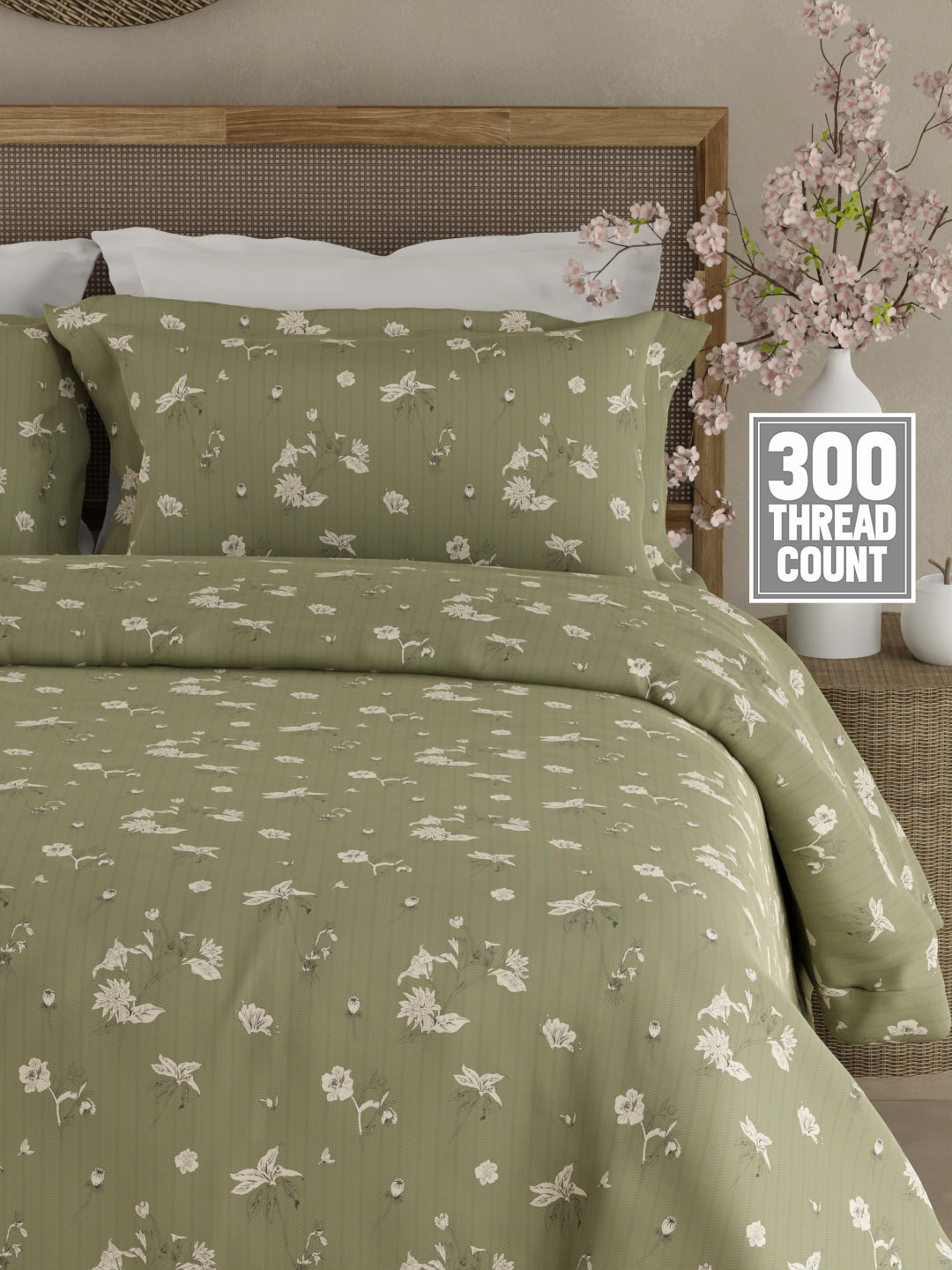 Cottage Garden 100% Organic Cotton 300 TC King Bedsheet with 2 Pillow Covers - Green & White Floral