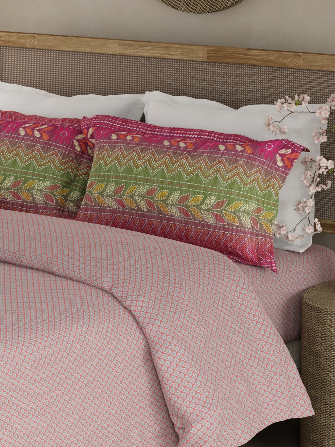 Heritage Walk 100% Egyptian Cotton 200 TC Pink Ethnic Print King Bedsheet with 2 Pillow Covers