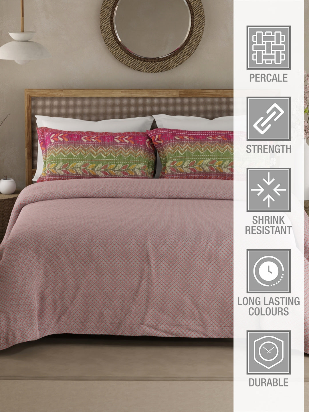 Heritage Walk 100% Egyptian Cotton 200 TC Pink Ethnic Print King Bedsheet with 2 Pillow Covers