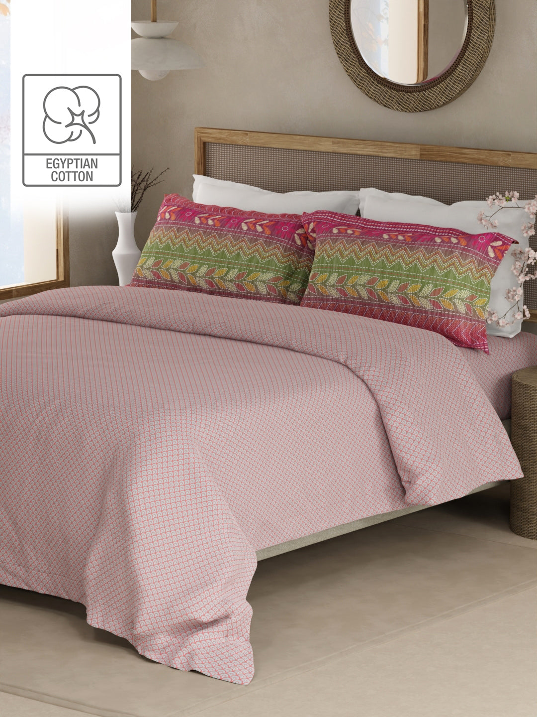 Heritage Walk 100% Egyptian Cotton 200 TC Pink Ethnic Print King Bedsheet with 2 Pillow Covers
