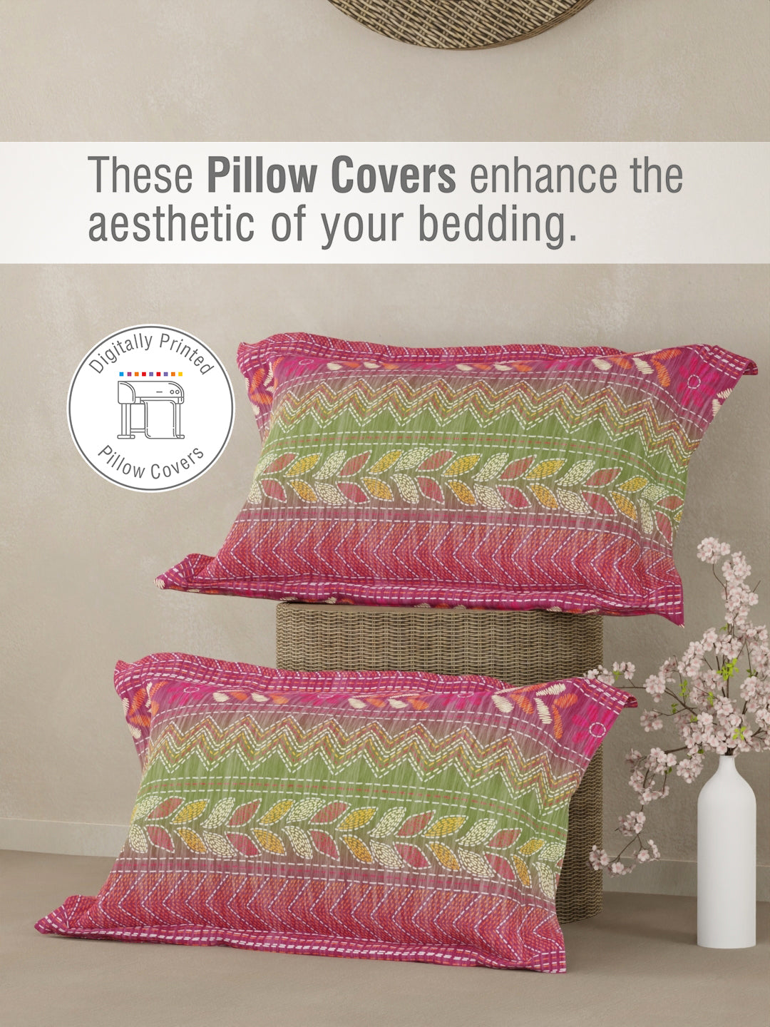 Heritage Walk 100% Egyptian Cotton 200 TC Pink Ethnic Print King Bedsheet with 2 Pillow Covers