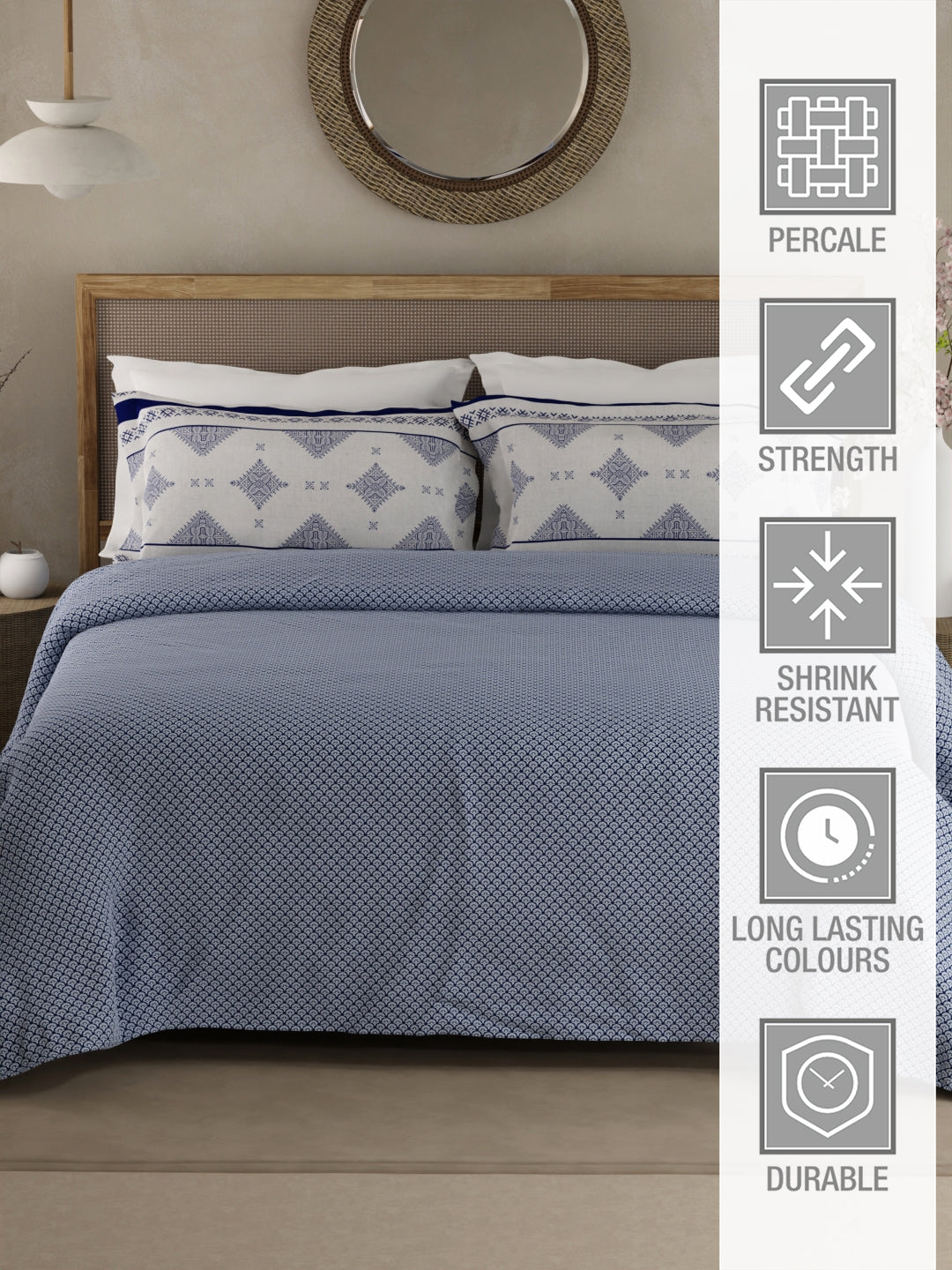 Heritage Walk 100% Egyptian Cotton 200 TC Blue Ethnic Print King Bedsheet with 2 Pillow Covers