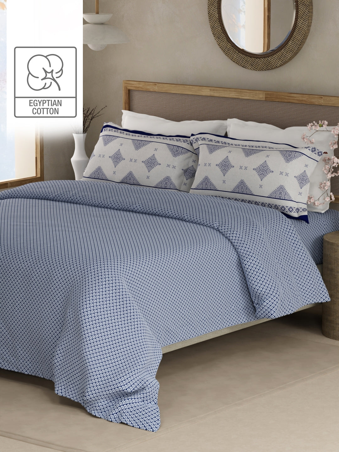 Heritage Walk 100% Egyptian Cotton 200 TC Blue Ethnic Print King Bedsheet with 2 Pillow Covers