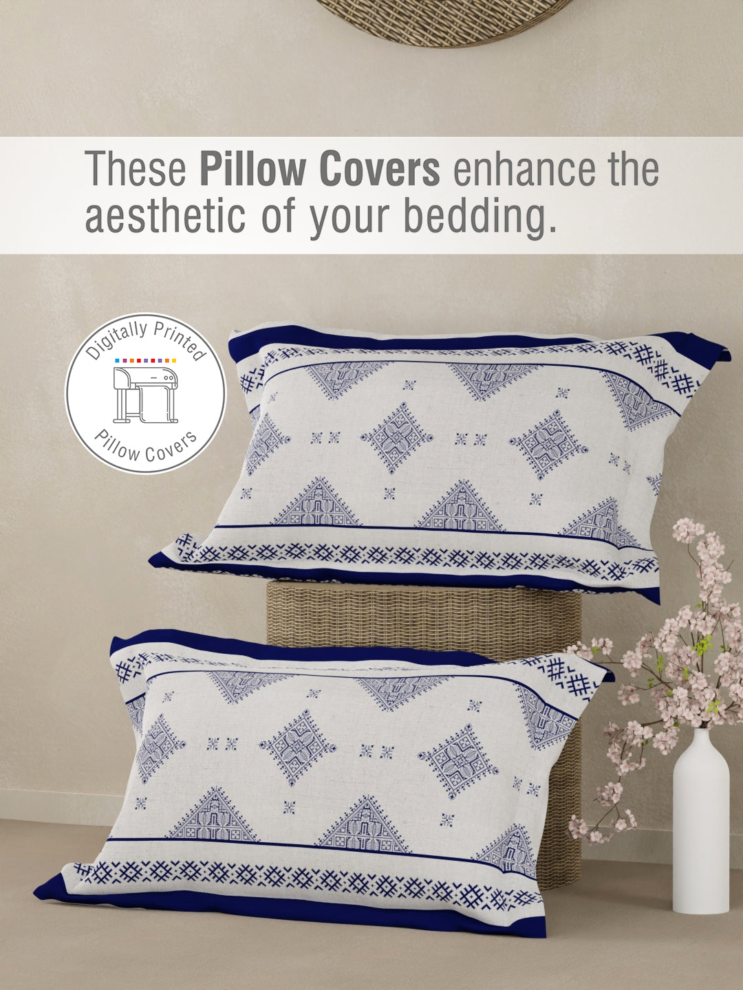 Heritage Walk 100% Egyptian Cotton 200 TC Blue Ethnic Print King Bedsheet with 2 Pillow Covers