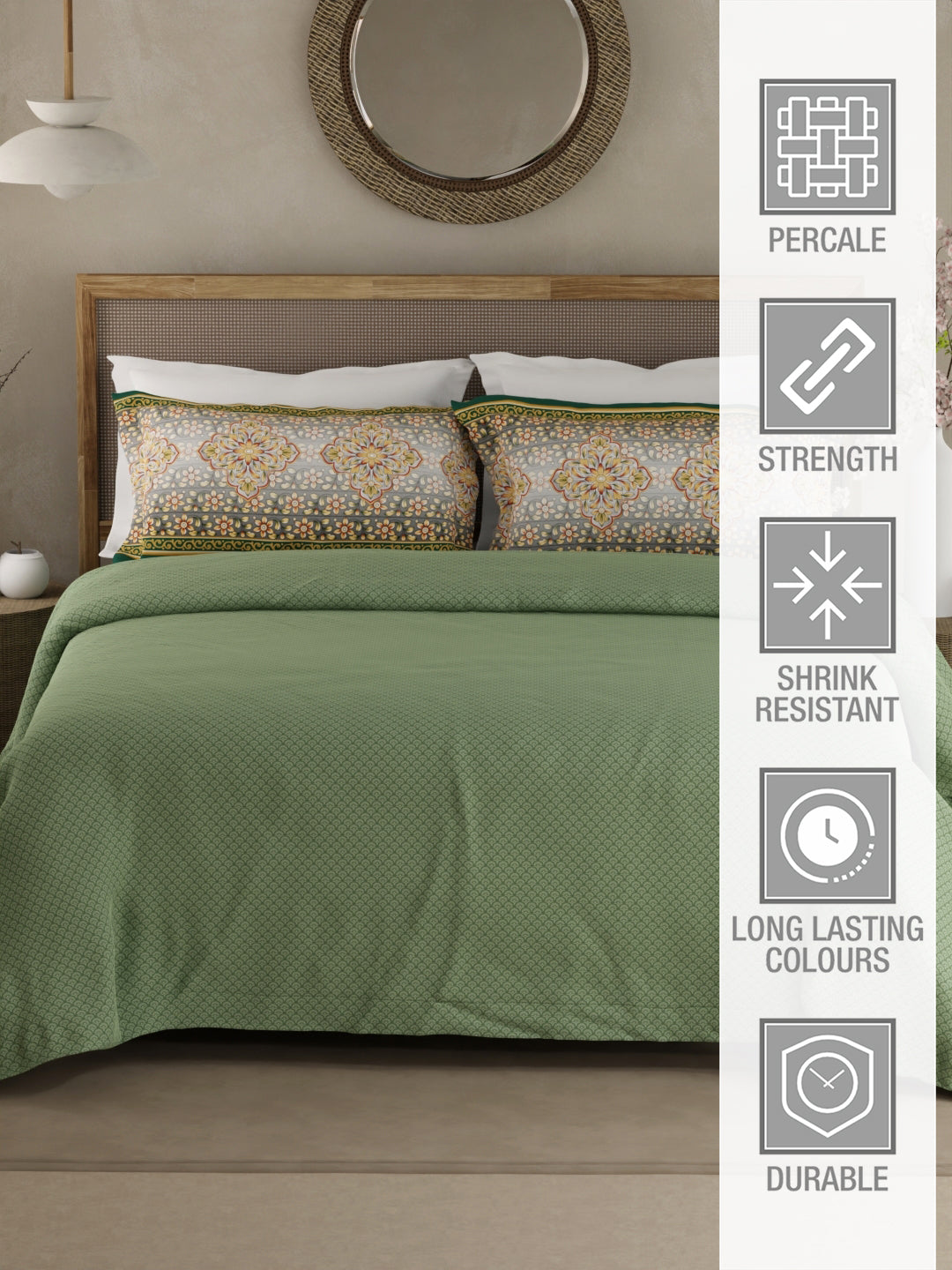 Heritage Walk 100% Egyptian Cotton 200 TC Green Ethnic Print King Bedsheet with 2 Pillow Covers