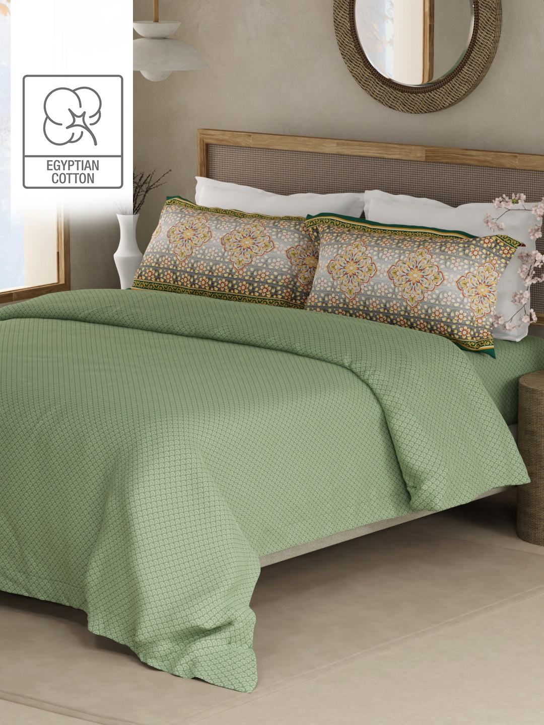 Heritage Walk 100% Egyptian Cotton 200 TC Green Ethnic Print King Bedsheet with 2 Pillow Covers