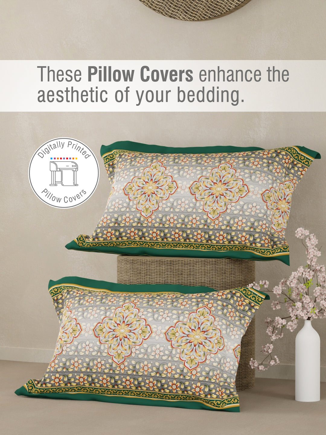 Heritage Walk 100% Egyptian Cotton 200 TC Green Ethnic Print King Bedsheet with 2 Pillow Covers