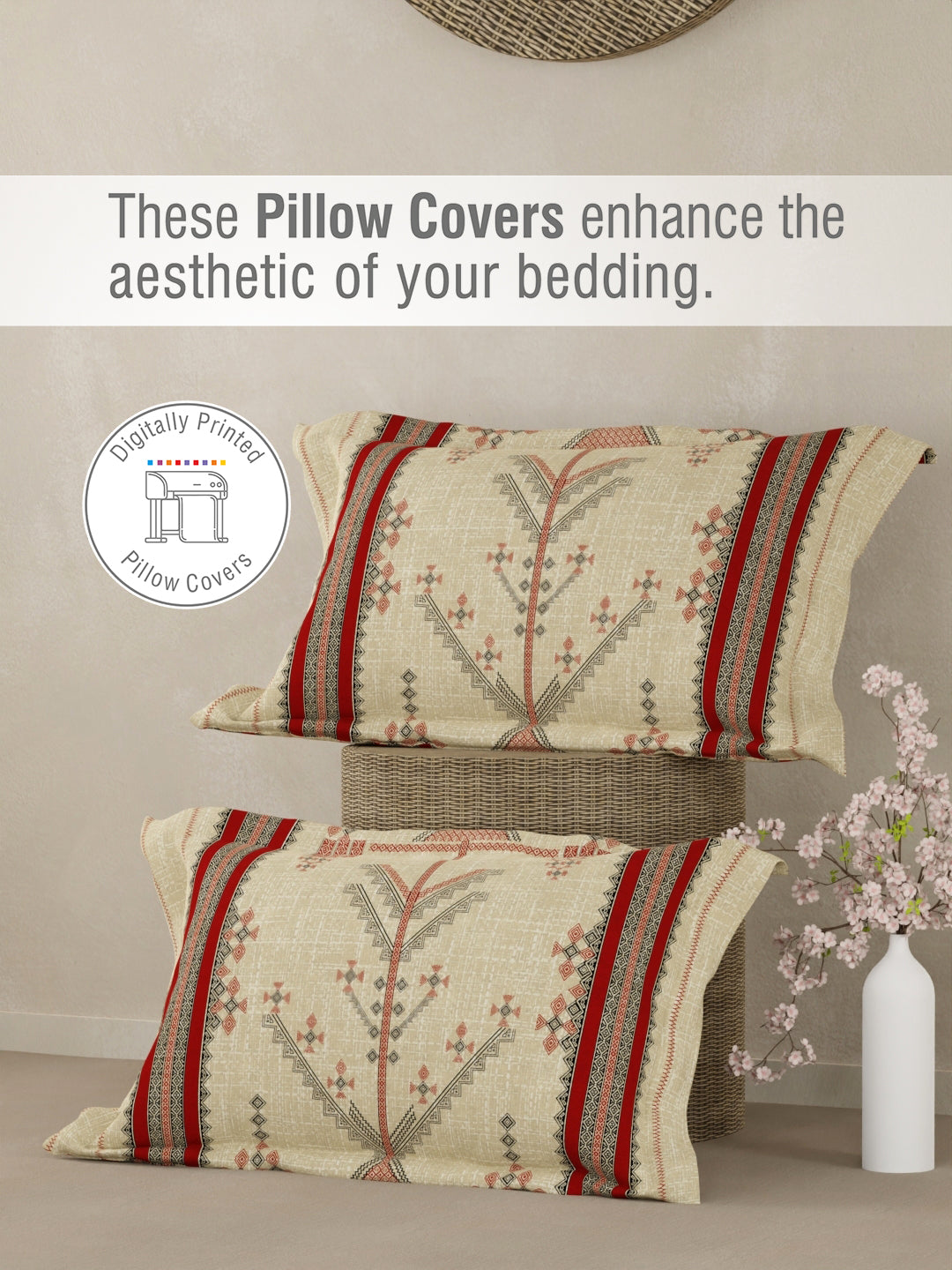 Heritage Walk 100% Egyptian Cotton 200 TC Yellow Ethnic Print King Bedsheet with 2 Pillow Covers