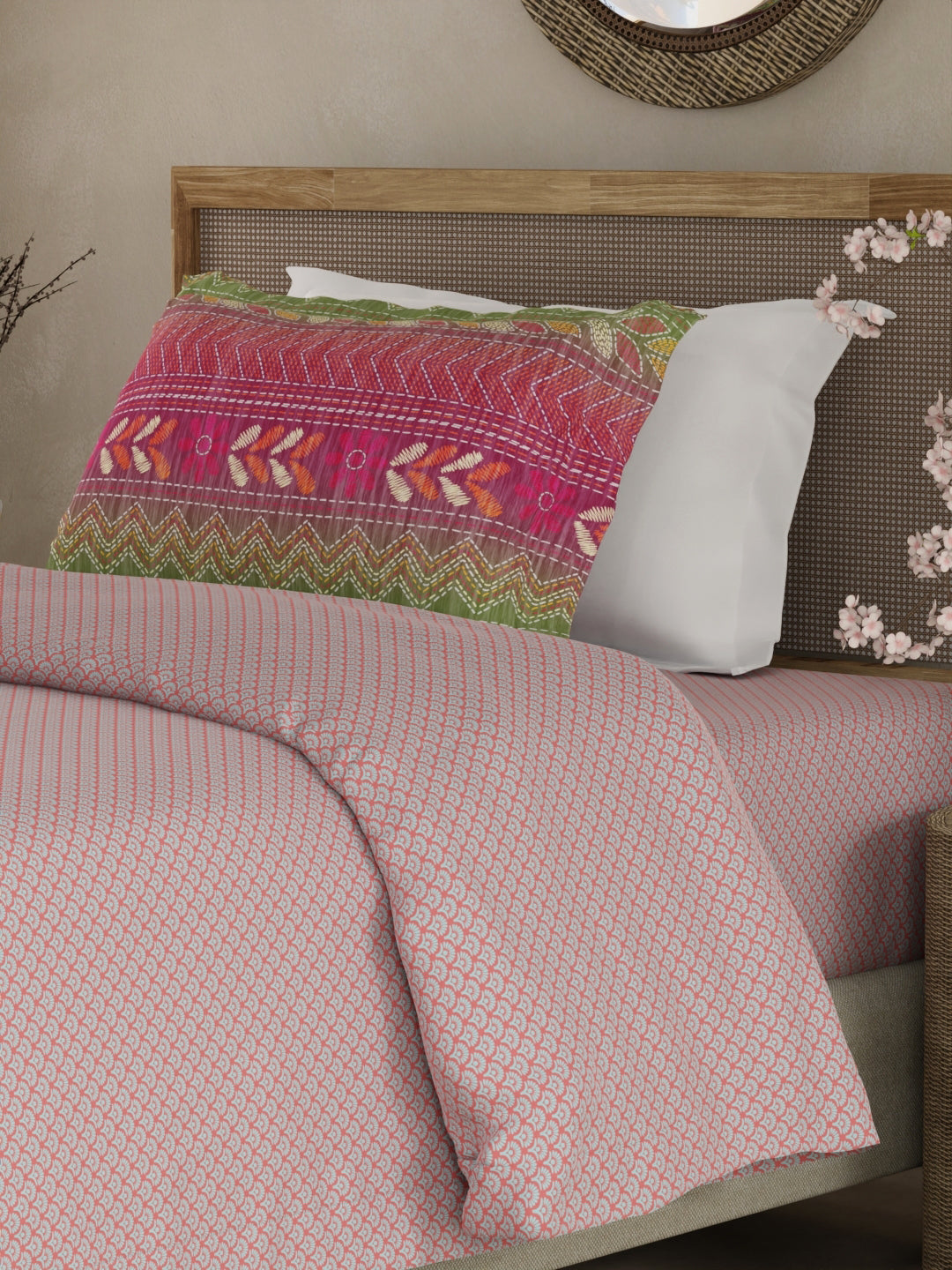 Heritage Walk 100% Egyptian Cotton 200 TC Pink Ethnic Print Single Bedsheet with 1 Pillow Cover