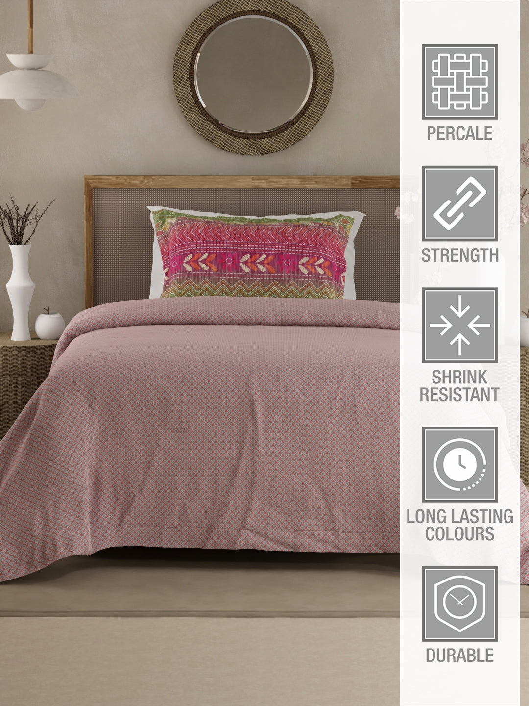 Heritage Walk 100% Egyptian Cotton 200 TC Pink Ethnic Print Single Bedsheet with 1 Pillow Cover