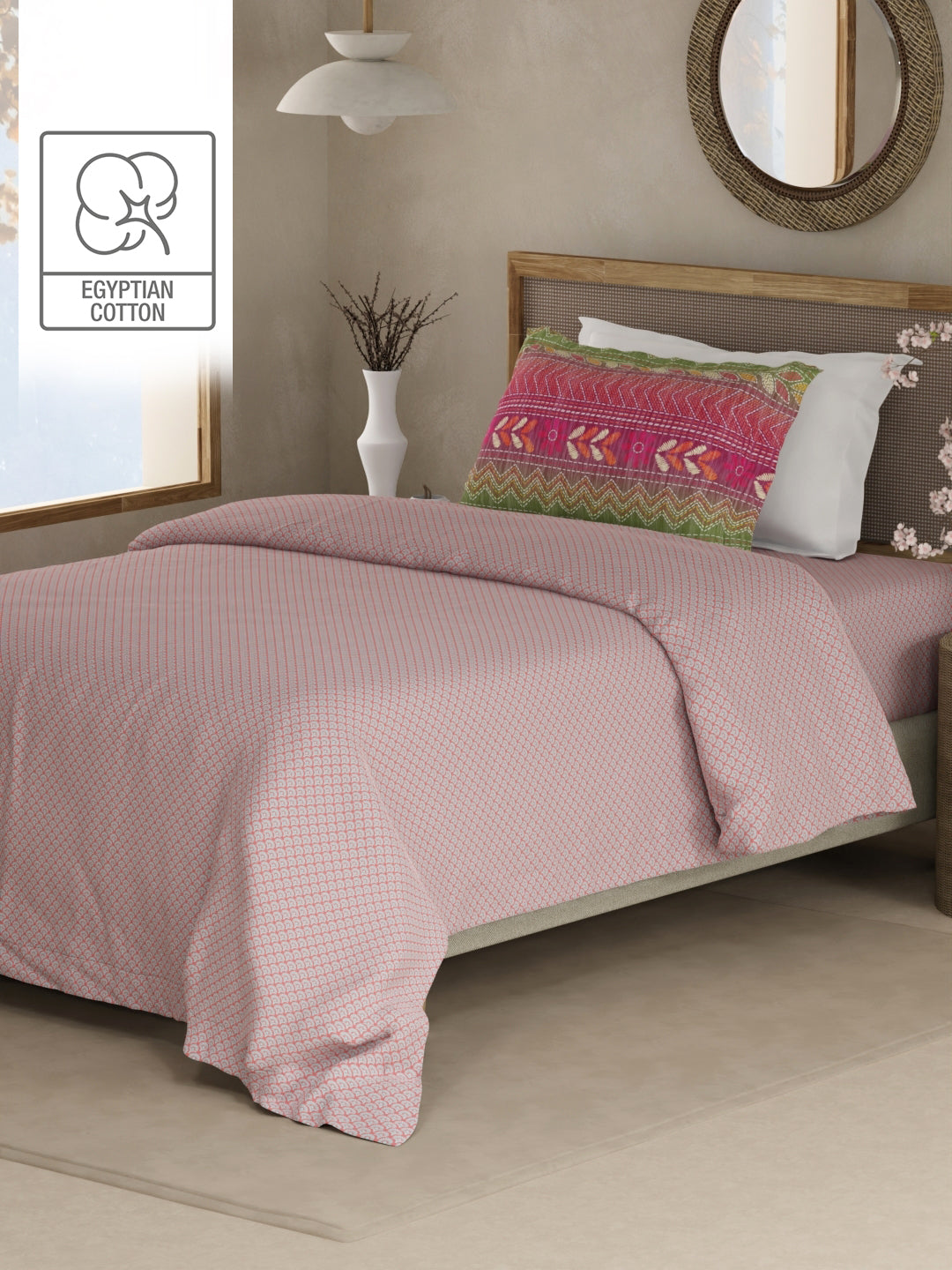 Heritage Walk 100% Egyptian Cotton 200 TC Pink Ethnic Print Single Bedsheet with 1 Pillow Cover