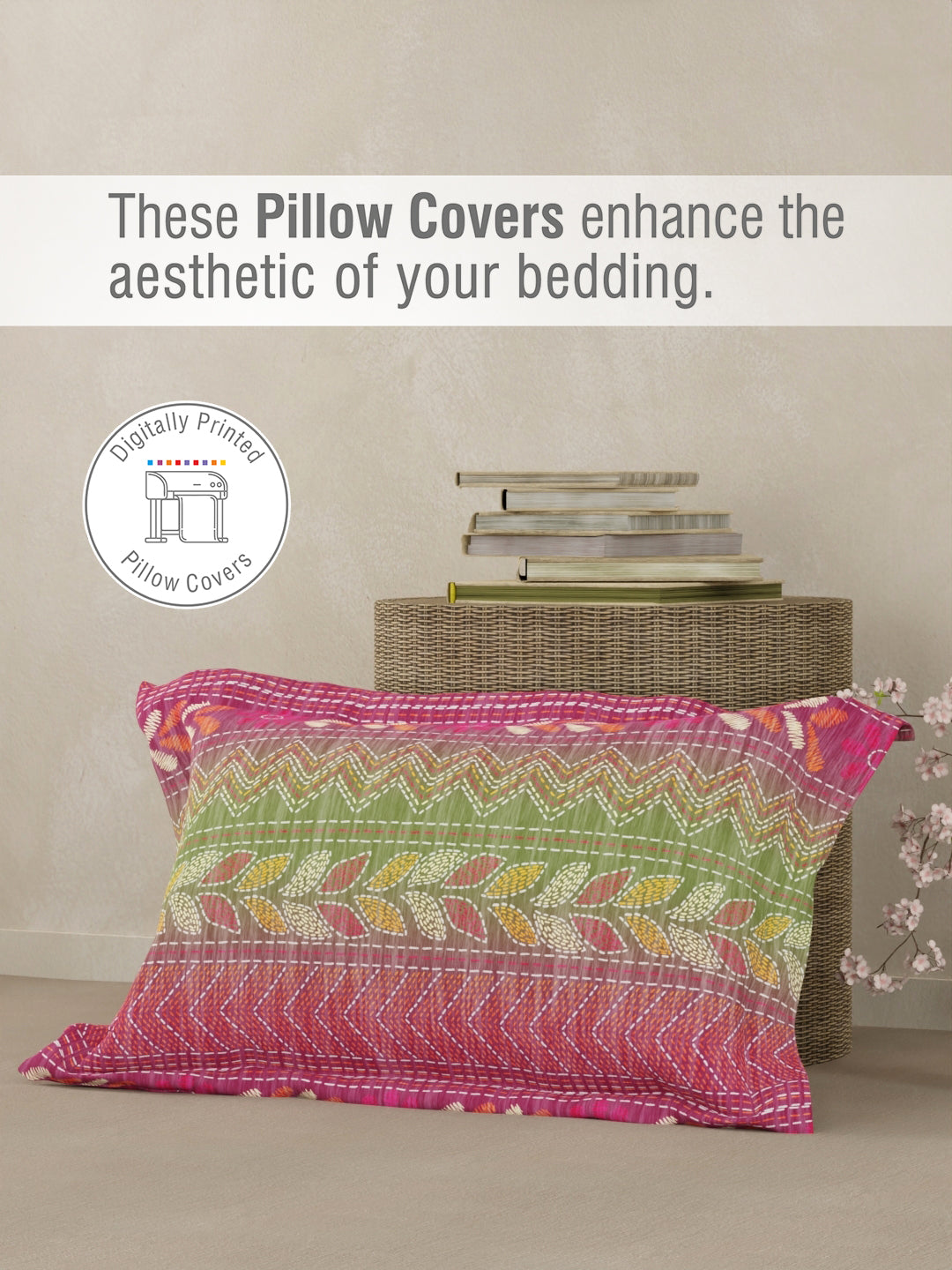 Heritage Walk 100% Egyptian Cotton 200 TC Pink Ethnic Print Single Bedsheet with 1 Pillow Cover