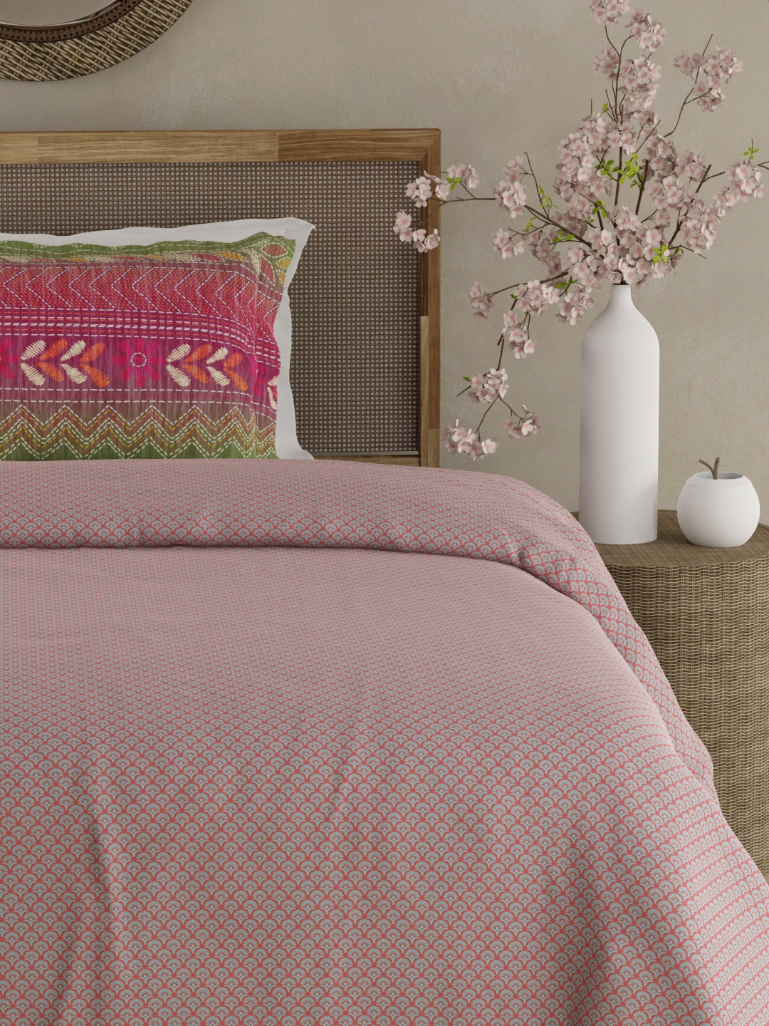 Heritage Walk 100% Egyptian Cotton 200 TC Pink Ethnic Print Single Bedsheet with 1 Pillow Cover