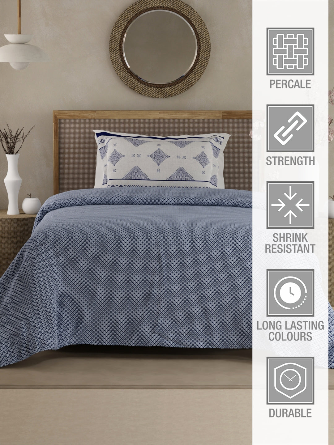 Heritage Walk 100% Egyptian Cotton 200 TC Blue Ethnic Print Single Bedsheet with 1 Pillow Cover