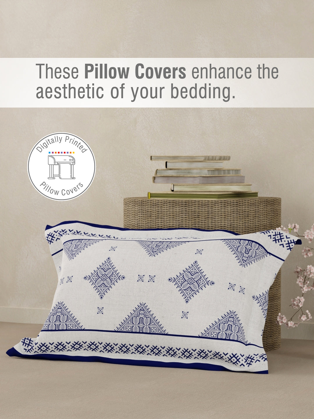 Heritage Walk 100% Egyptian Cotton 200 TC Blue Ethnic Print Single Bedsheet with 1 Pillow Cover