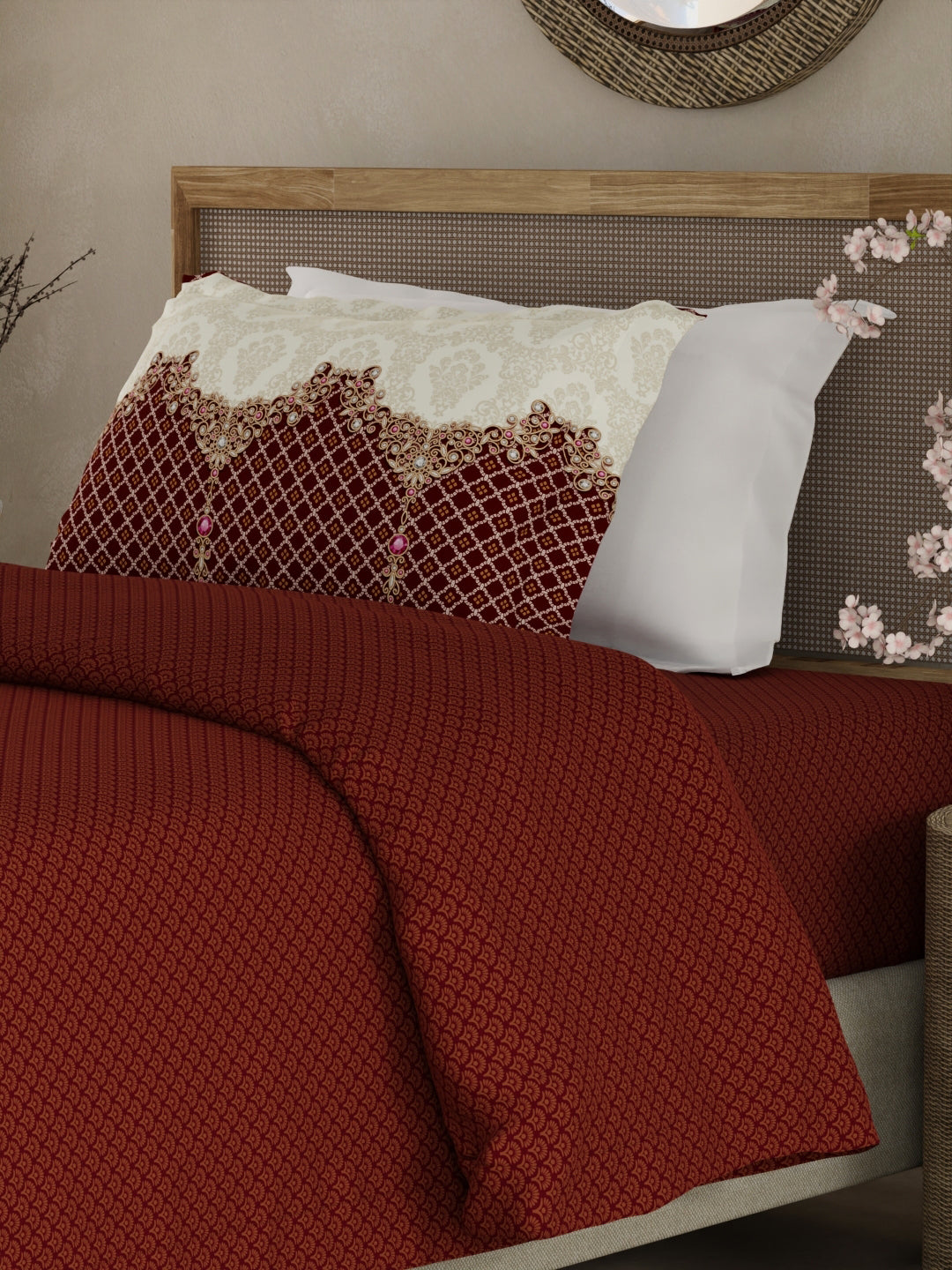 Heritage Walk 100% Egyptian Cotton 200 TC Red Ethnic Print Single Bedsheet with 1 Pillow Cover