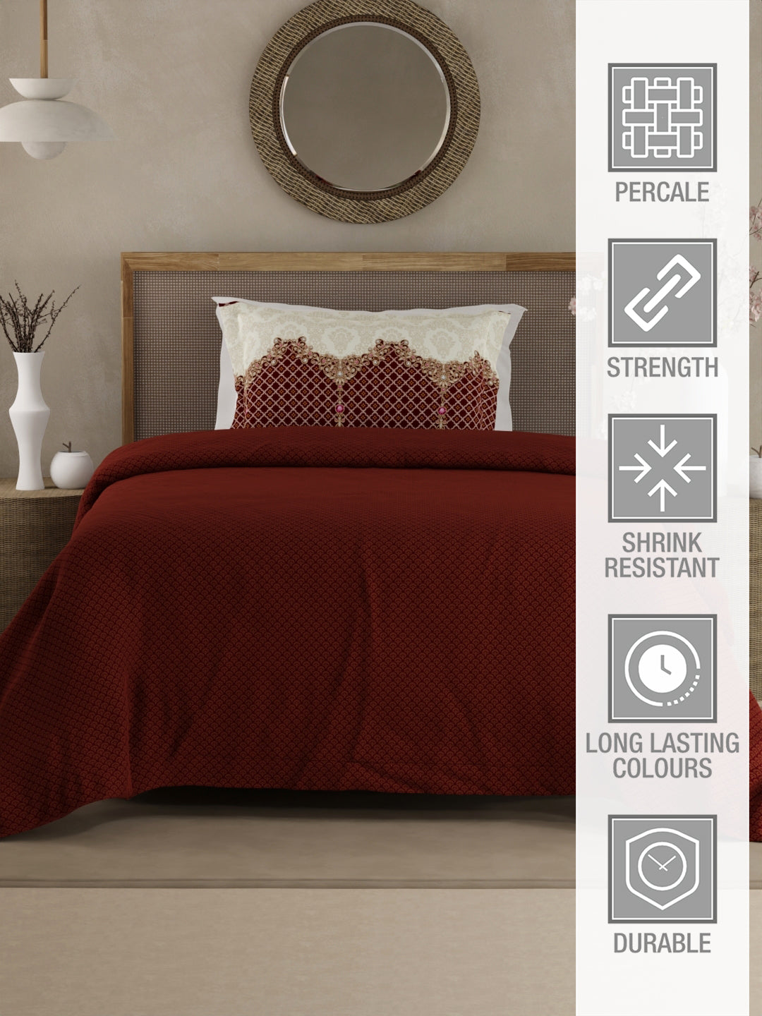 Heritage Walk 100% Egyptian Cotton 200 TC Red Ethnic Print Single Bedsheet with 1 Pillow Cover