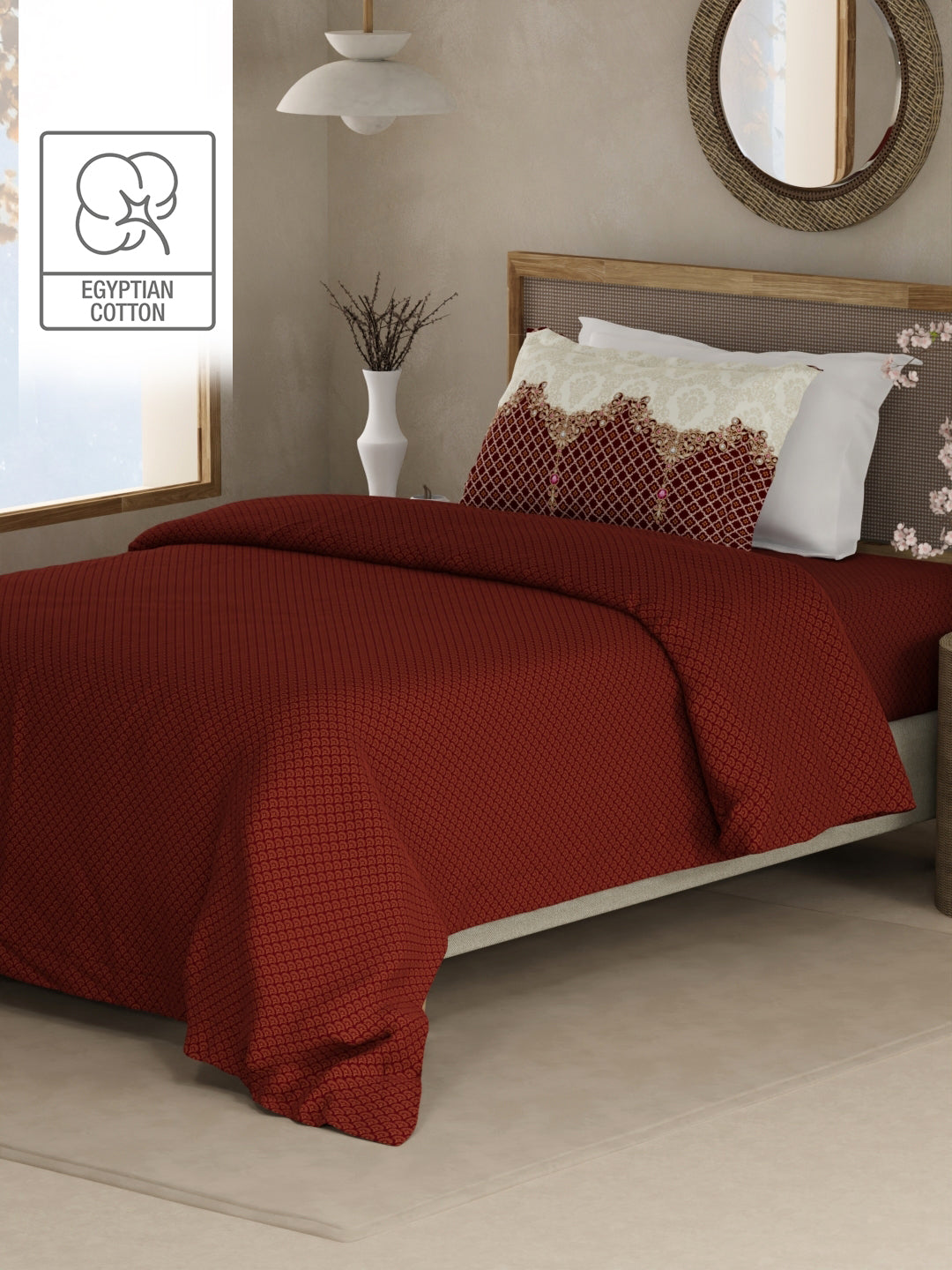 Heritage Walk 100% Egyptian Cotton 200 TC Red Ethnic Print Single Bedsheet with 1 Pillow Cover