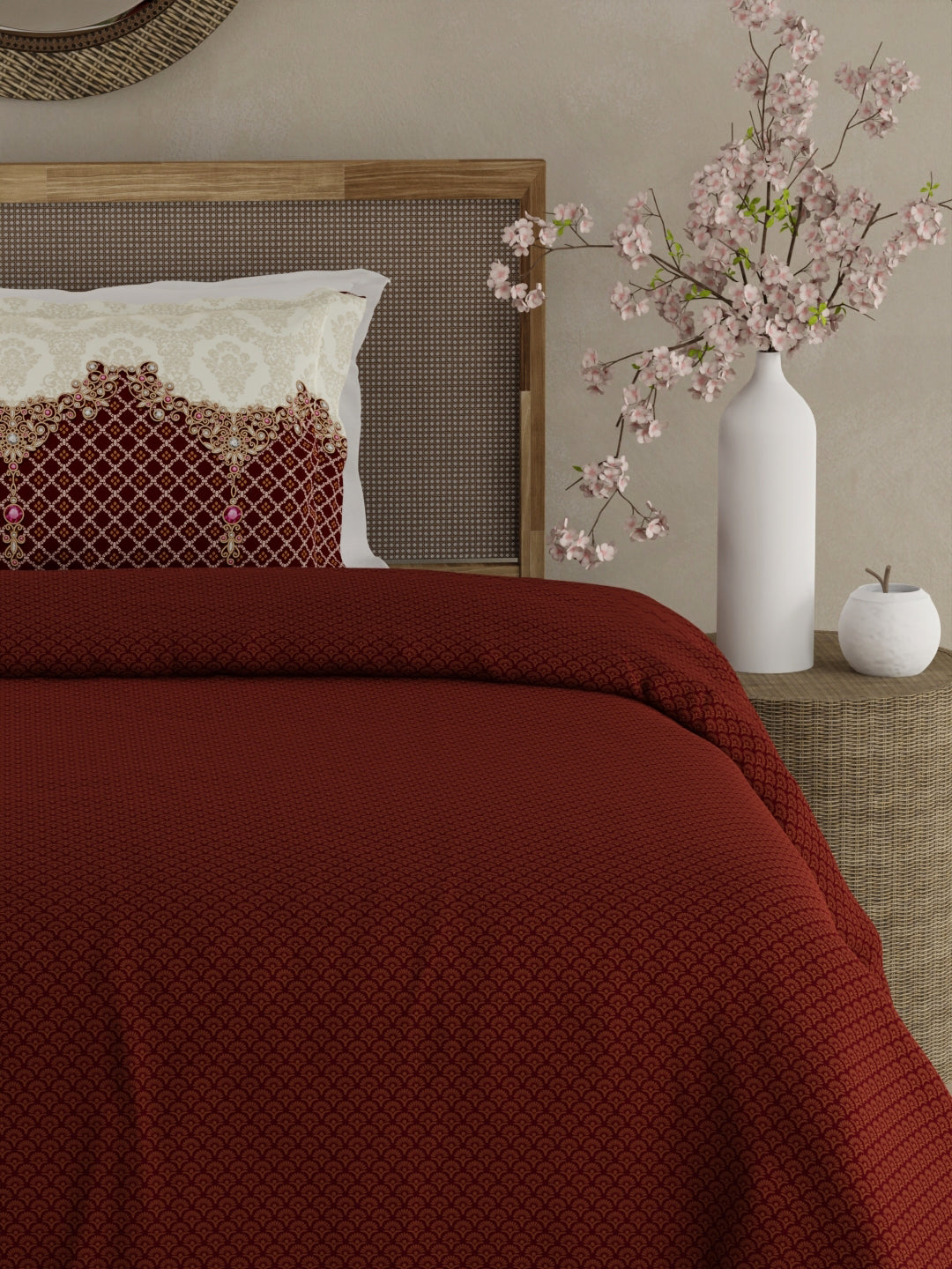 Heritage Walk 100% Egyptian Cotton 200 TC Red Ethnic Print Single Bedsheet with 1 Pillow Cover