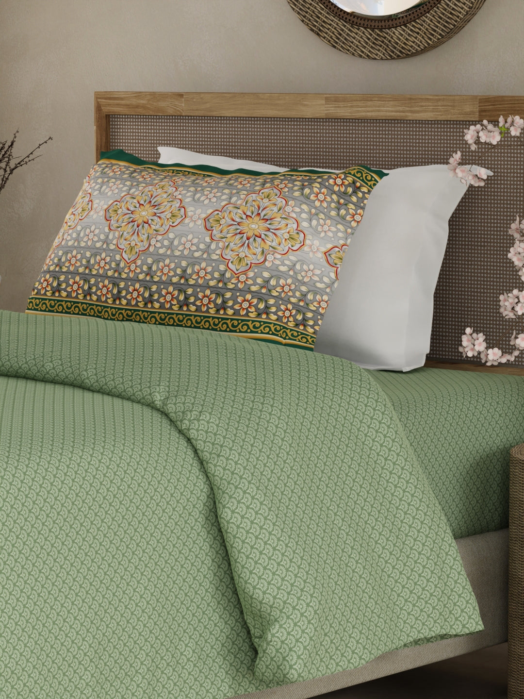 Heritage Walk 100% Egyptian Cotton 200 TC Green Ethnic Print Single Bedsheet with 1 Pillow Cover