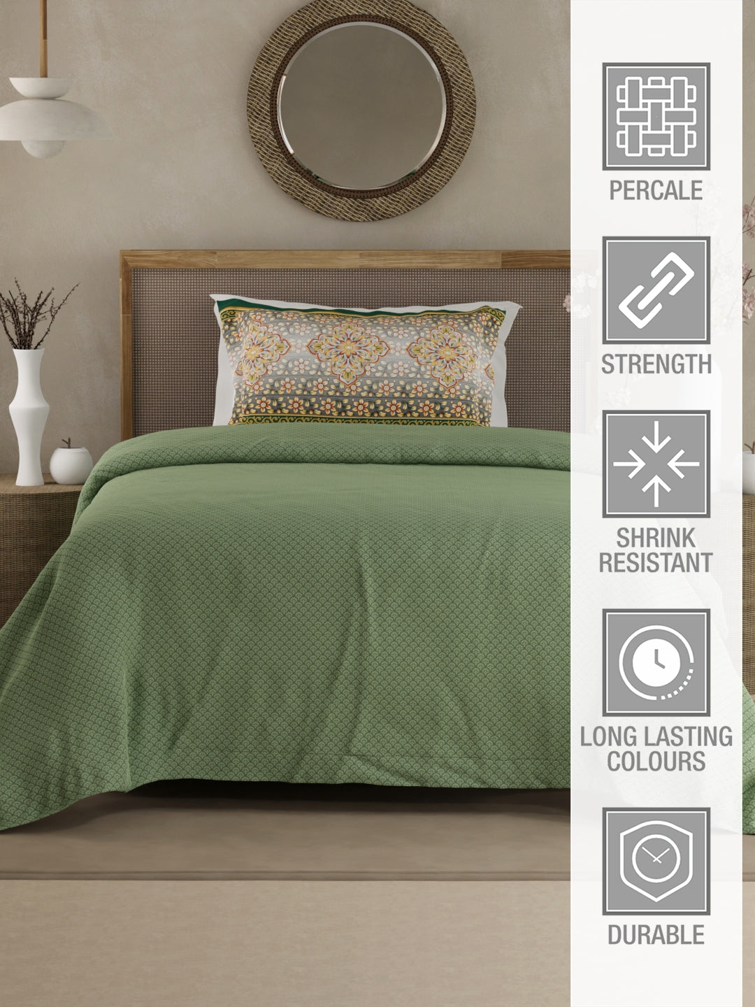 Heritage Walk 100% Egyptian Cotton 200 TC Green Ethnic Print Single Bedsheet with 1 Pillow Cover