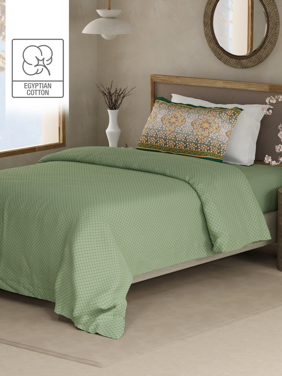 Heritage Walk 100% Egyptian Cotton 200 TC Green Ethnic Print Single Bedsheet with 1 Pillow Cover