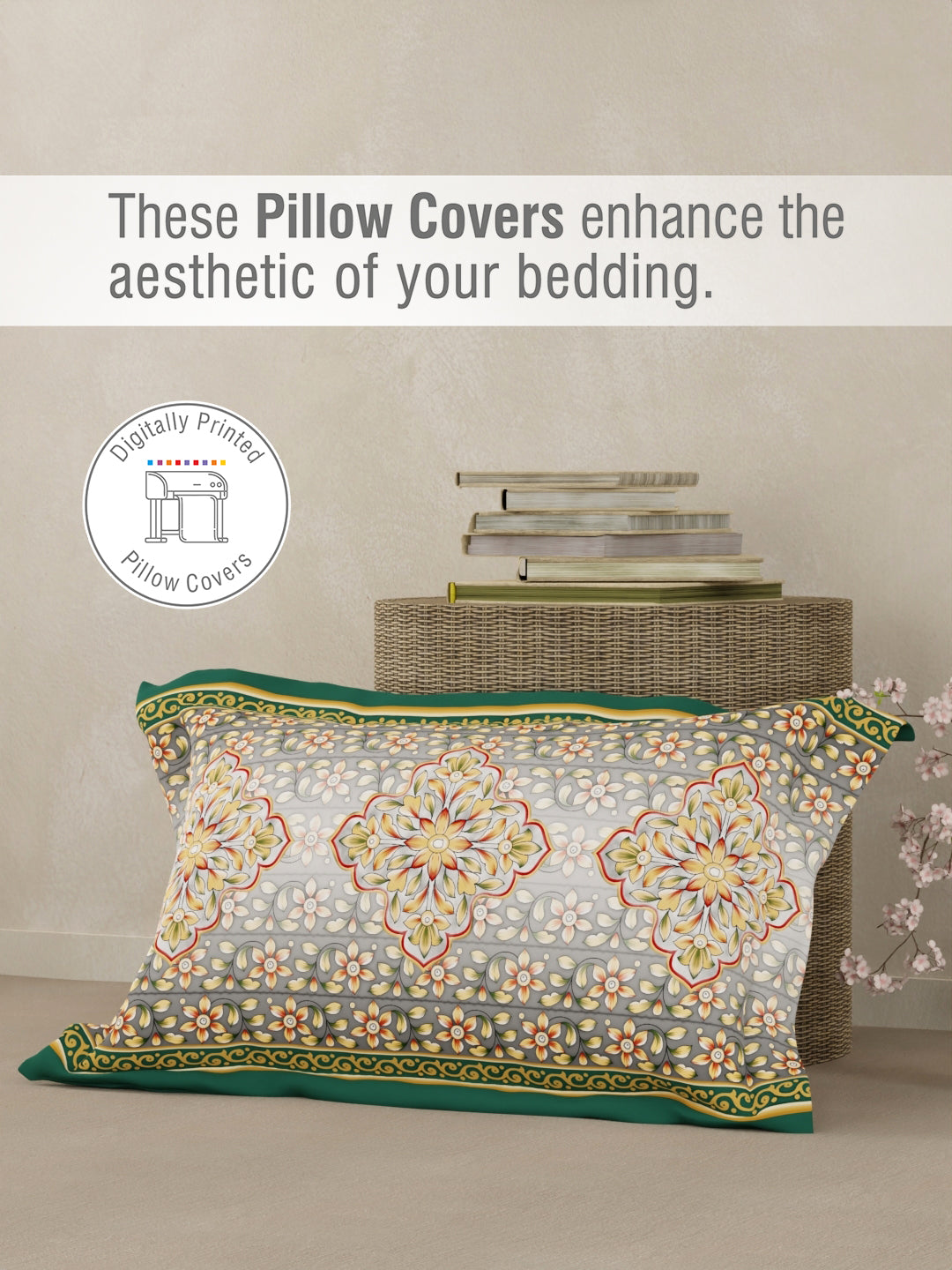 Heritage Walk 100% Egyptian Cotton 200 TC Green Ethnic Print Single Bedsheet with 1 Pillow Cover