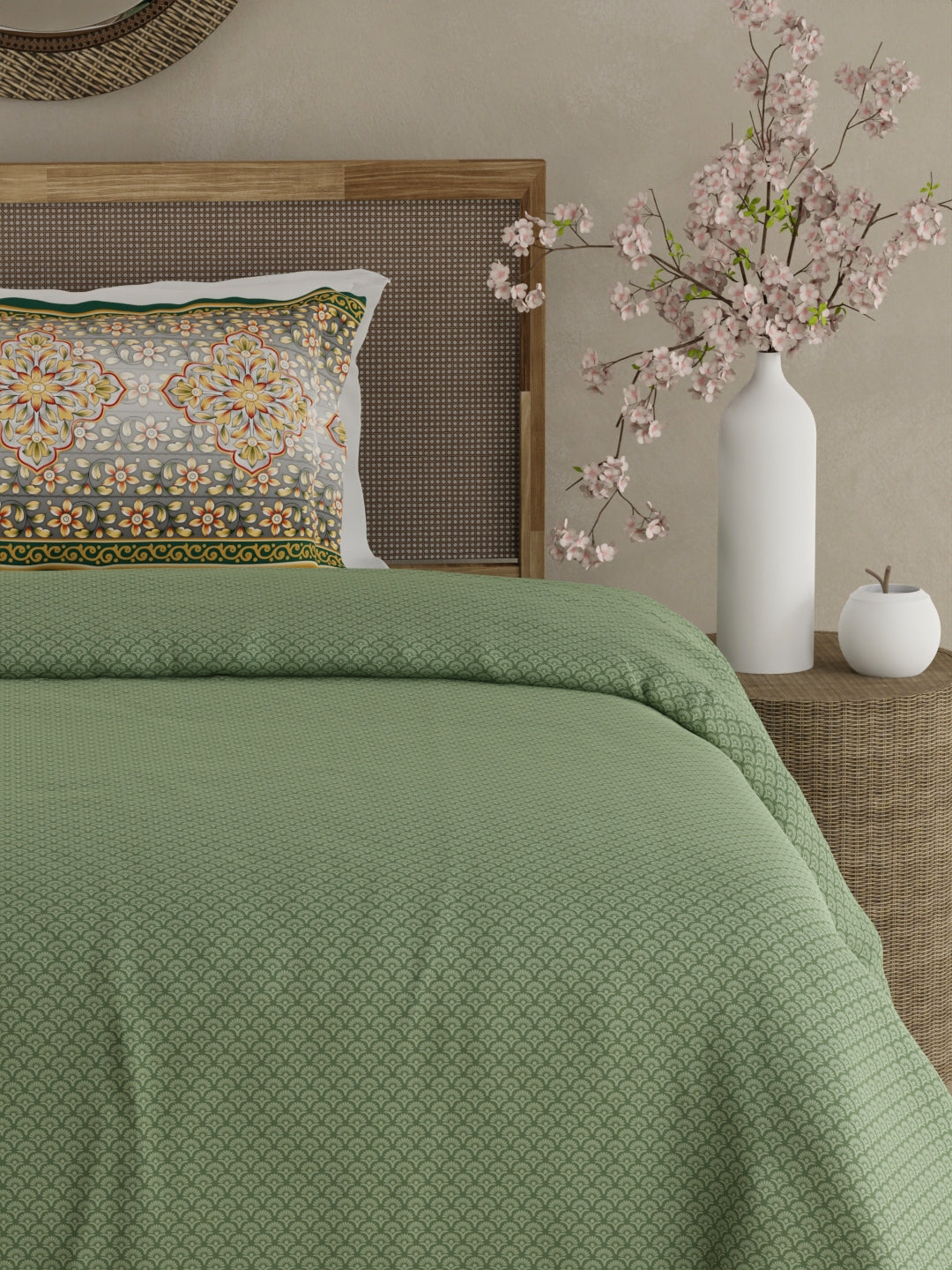 Heritage Walk 100% Egyptian Cotton 200 TC Green Ethnic Print Single Bedsheet with 1 Pillow Cover