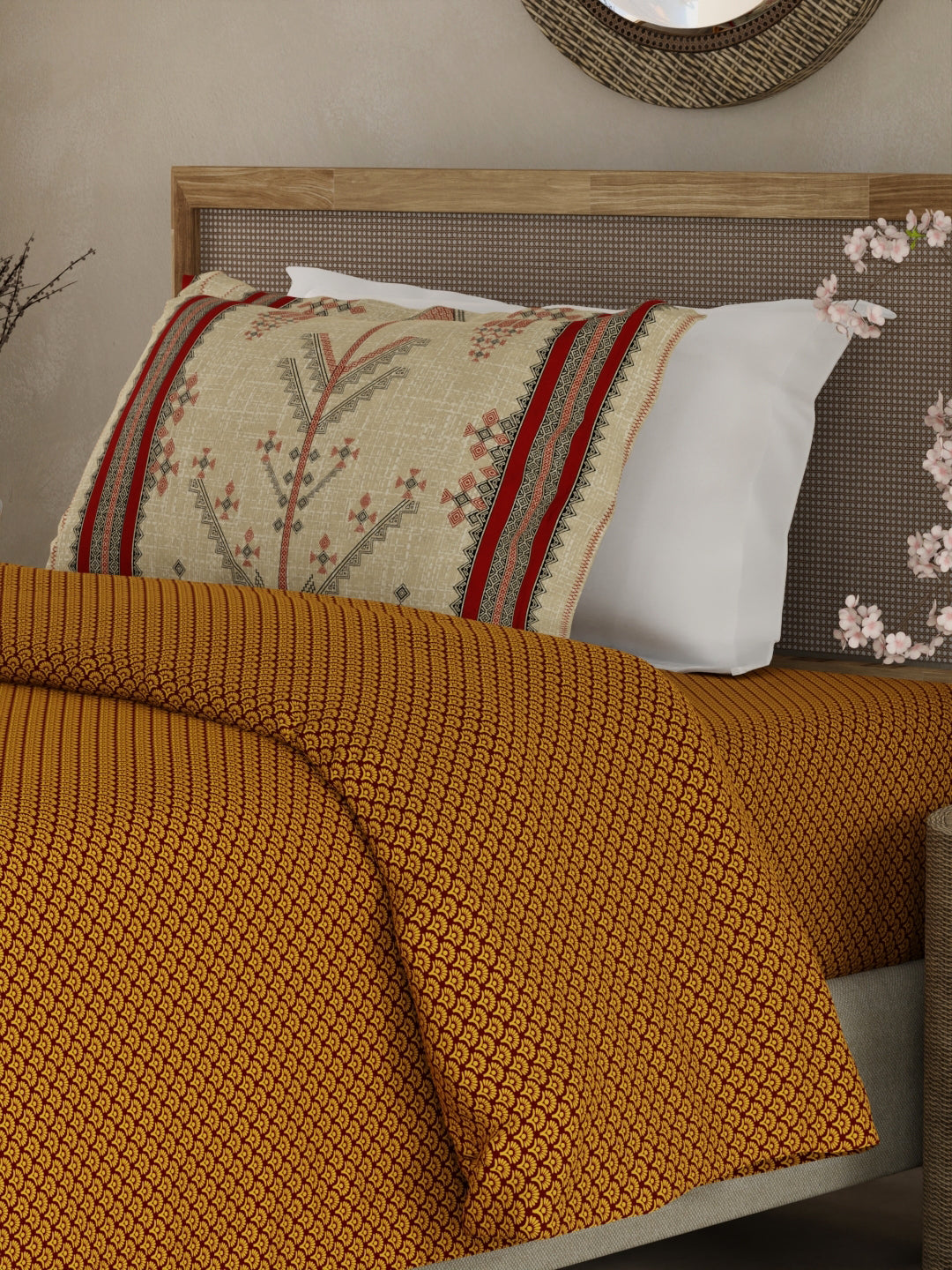 Heritage Walk 100% Egyptian Cotton 200 TC Yellow Ethnic Print Single Bedsheet with 1 Pillow Cover