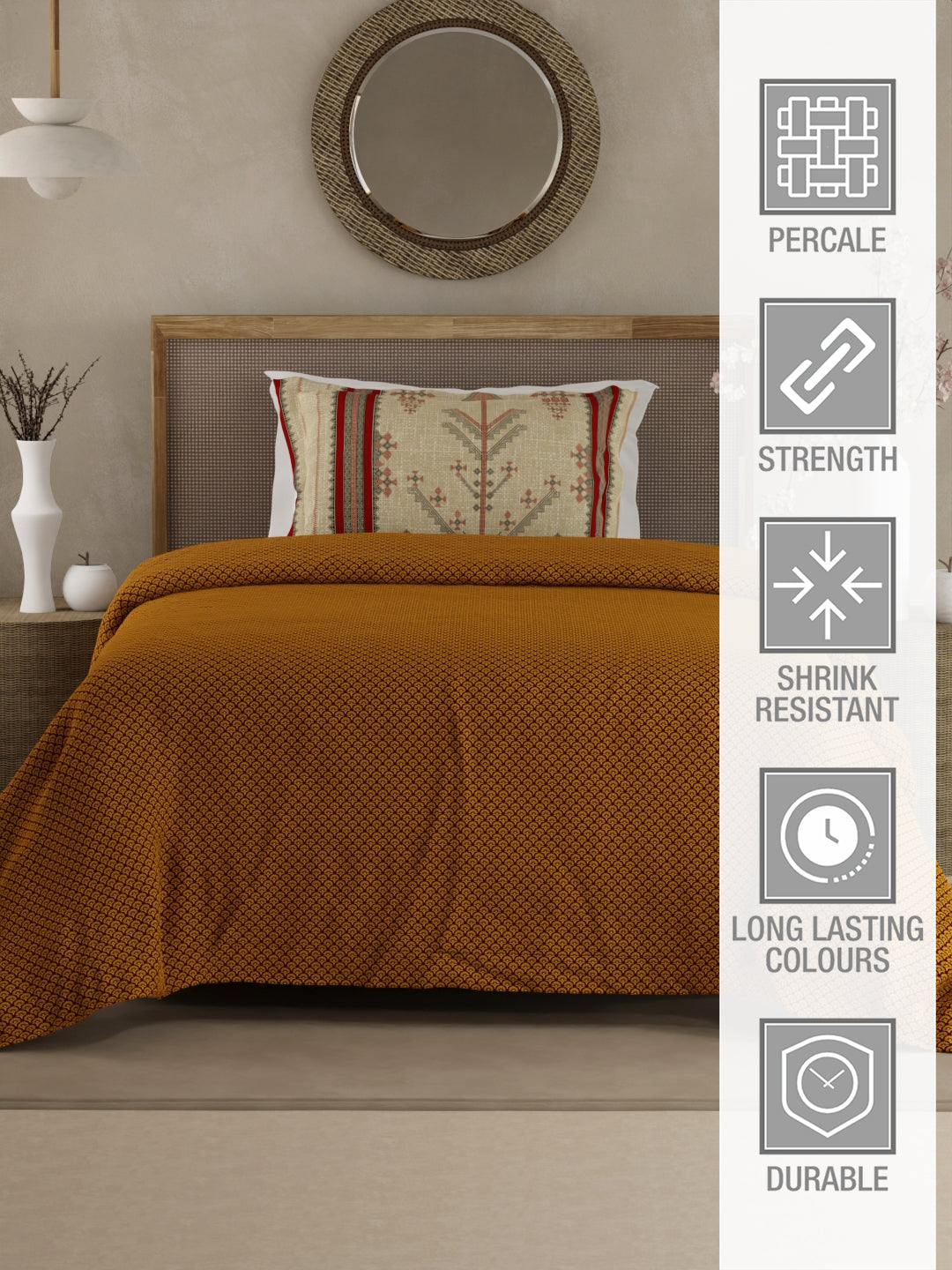 Heritage Walk 100% Egyptian Cotton 200 TC Yellow Ethnic Print Single Bedsheet with 1 Pillow Cover