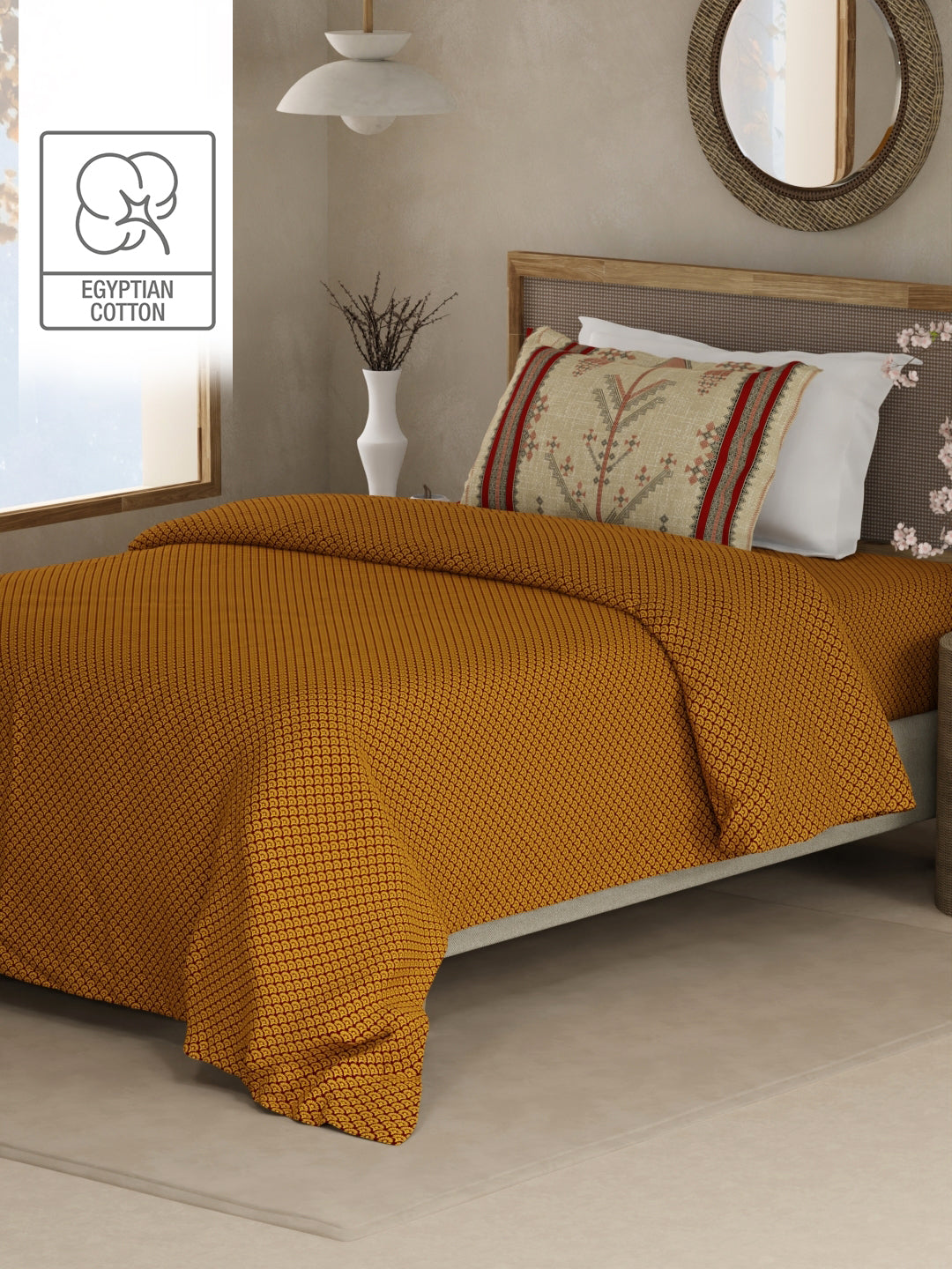 Heritage Walk 100% Egyptian Cotton 200 TC Yellow Ethnic Print Single Bedsheet with 1 Pillow Cover