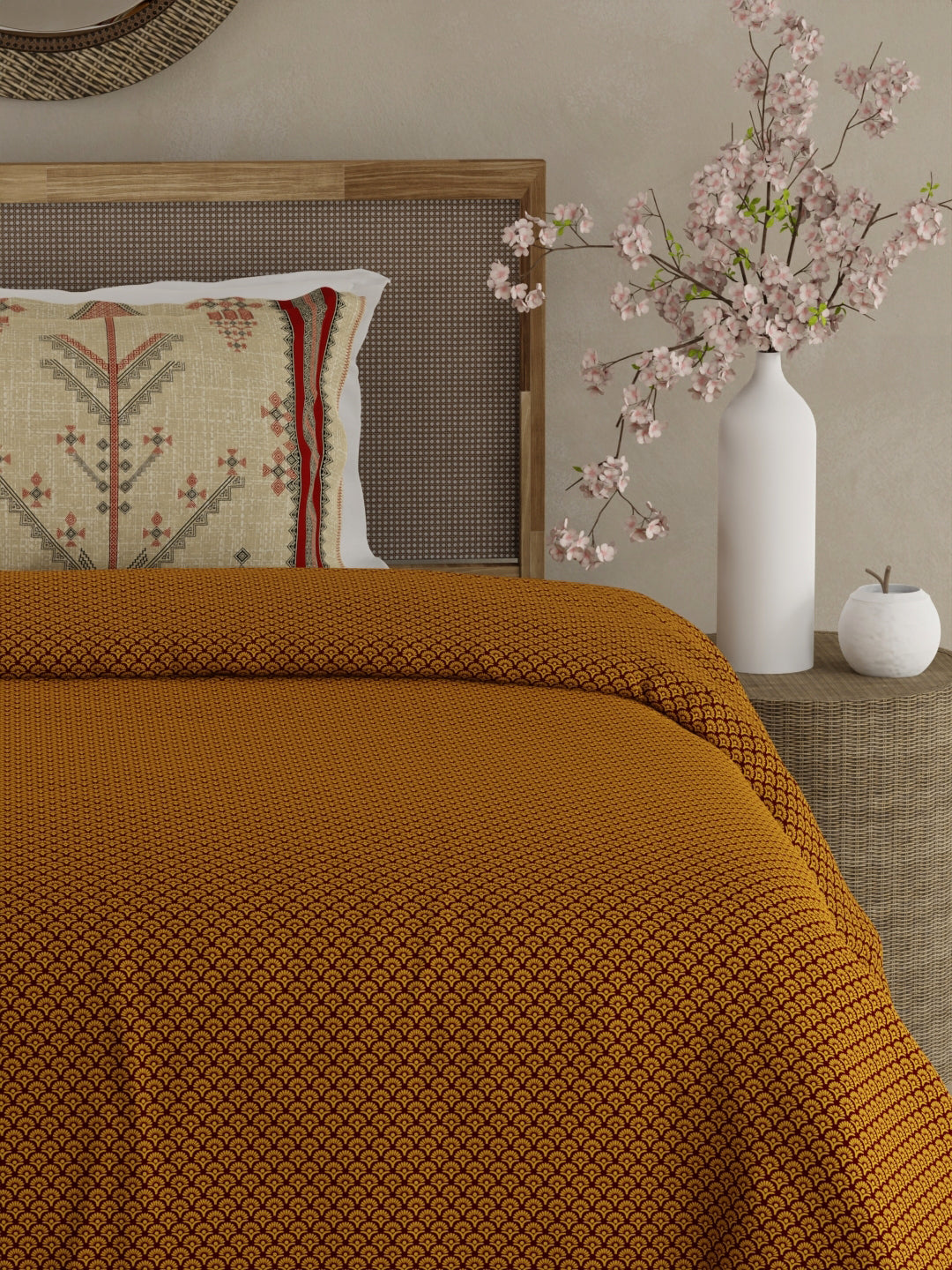 Heritage Walk 100% Egyptian Cotton 200 TC Yellow Ethnic Print Single Bedsheet with 1 Pillow Cover