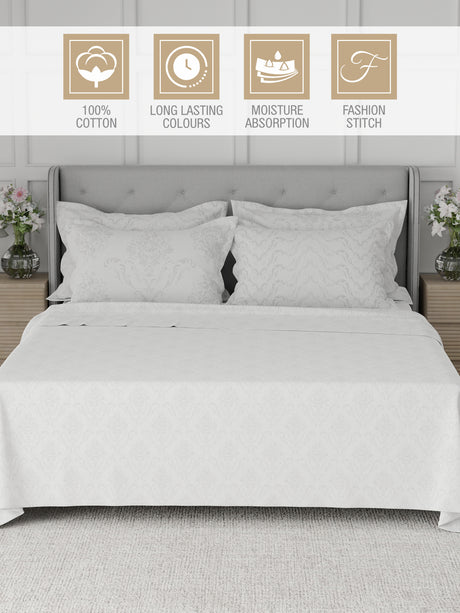 Platinum Pulse 100% Cotton 800 TC White Digitally Printed King Bedsheet with 4 Pillow Covers