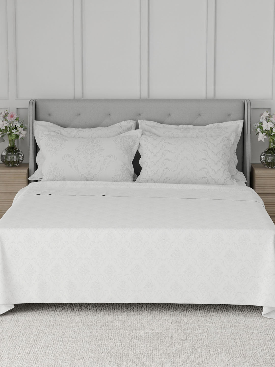 Platinum Pulse 100% Cotton 800 TC White Digitally Printed King Bedsheet with 4 Pillow Covers