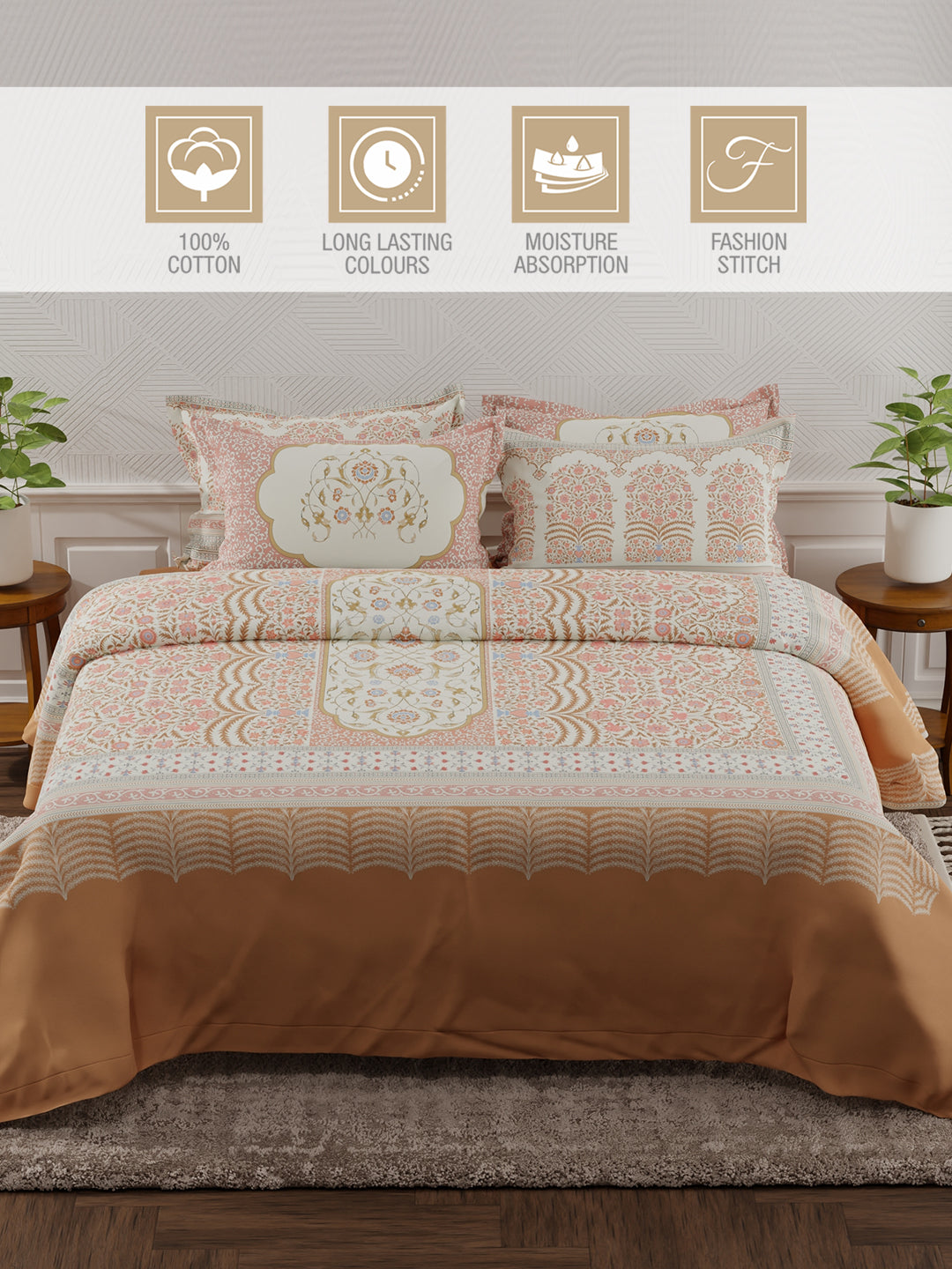 Decorative bedspread with floral patterns on a bed in a bedroom setting, featuring certification icons for cotton, colorfastness, moisture absorption, and fashion stitch.