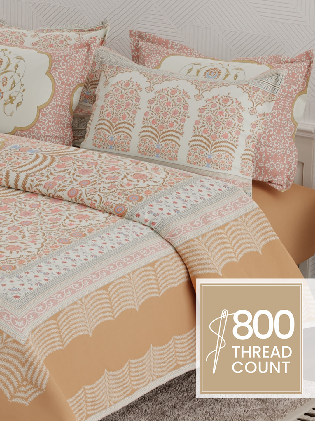 Platinum Pulse Collection 800 TC cotton bedsheet set with brown and red Meenakari digital prints, including 4 pillow covers for a rich ethnic bedroom look.