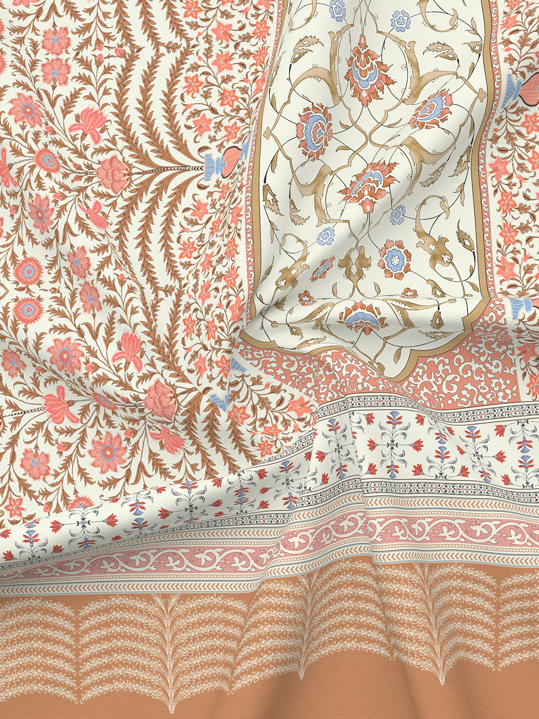 Decorative fabric with intricate patterns in pink, blue, and white.