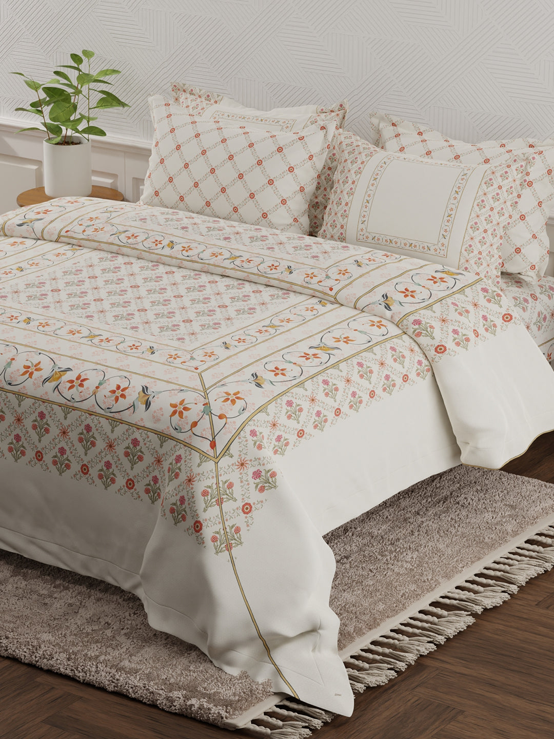 100% Cotton 800 TC King Bedsheet Set, White Digitally Printed, Platinum Pulse Collection, Meenakari Design Prints