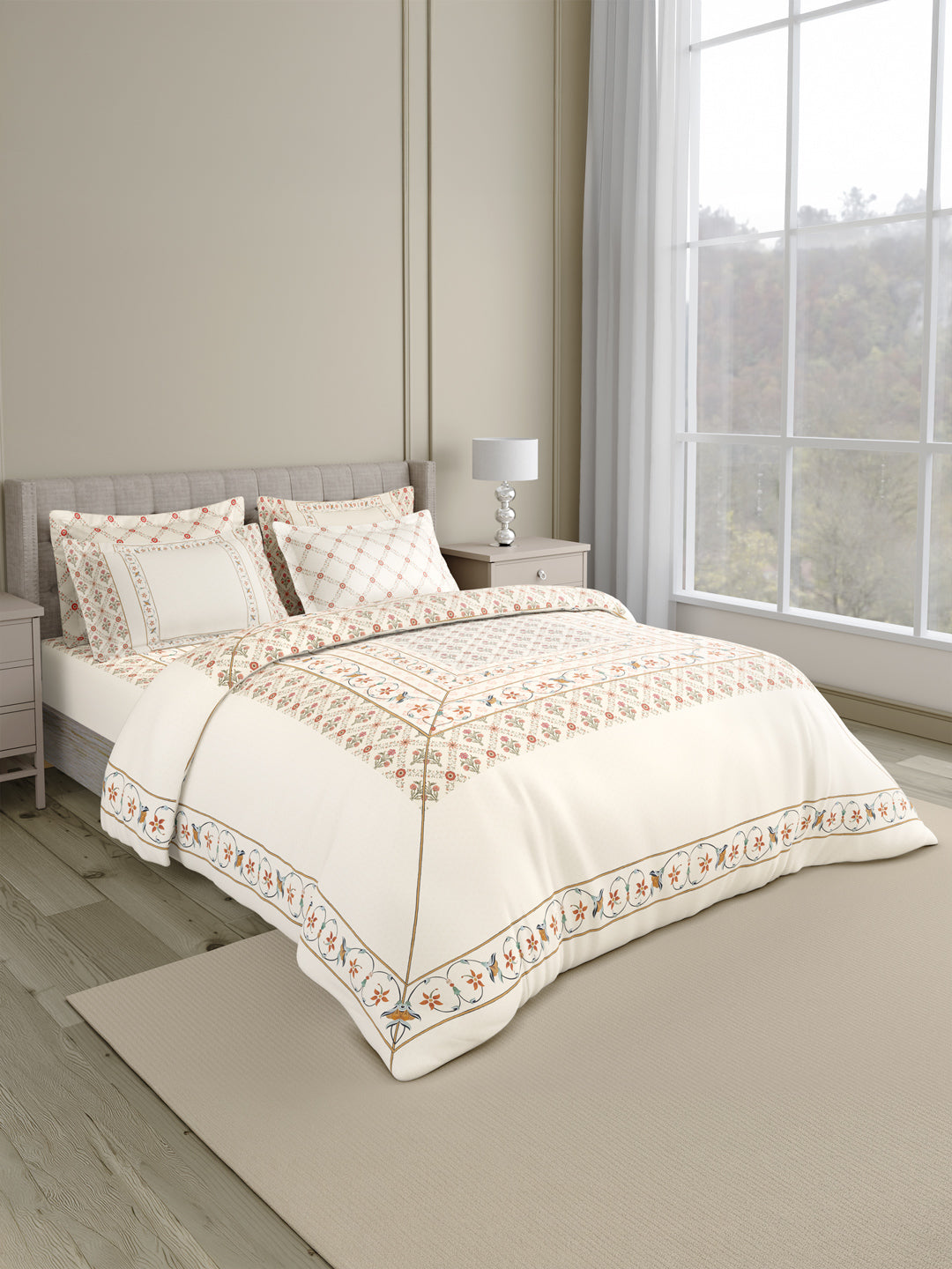100% Cotton 800 TC King Bedsheet Set, White Digitally Printed, Platinum Pulse Collection, Meenakari Design Prints