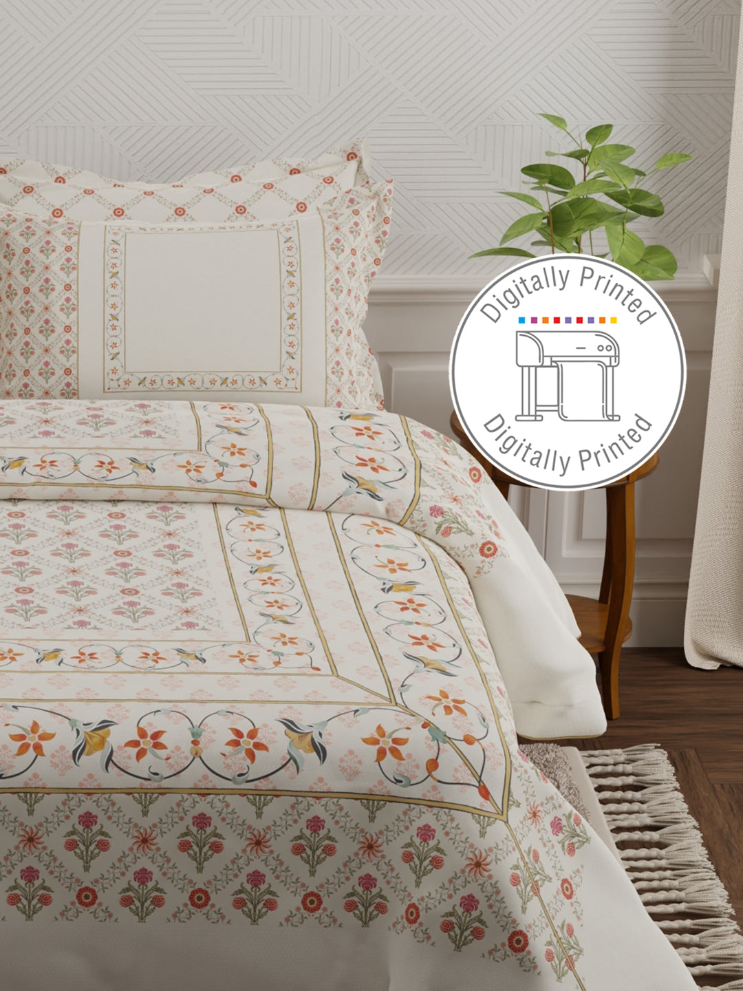 100% Cotton 800 TC King Bedsheet Set, White Digitally Printed, Platinum Pulse Collection, Meenakari Design Prints