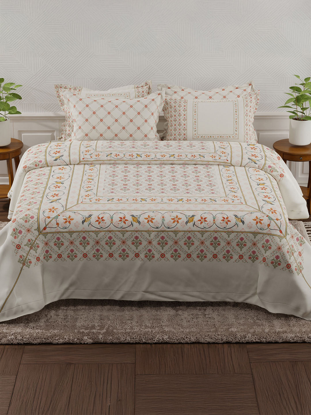 100% Cotton 800 TC King Bedsheet Set, White Digitally Printed, Platinum Pulse Collection, Meenakari Design Prints