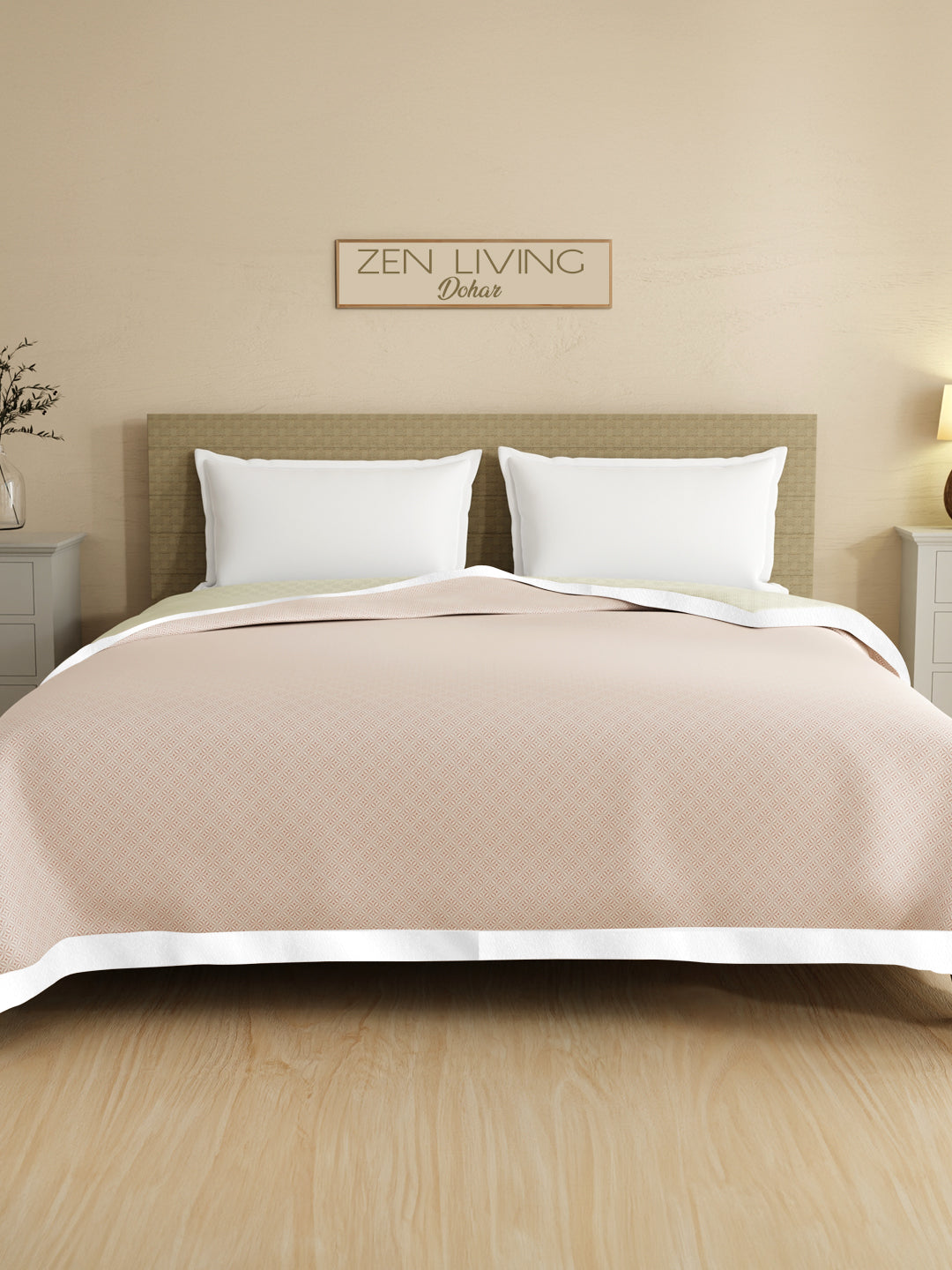 Reversible Double Size Dohar, TENCEL™ 250 TC, Pink & Grey Printed (100 L x 90 W inches), Zen Living