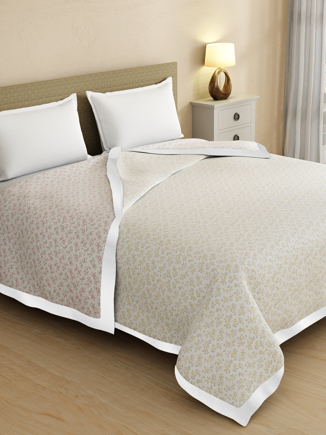 Zen Living TENCEL™ 250 TC Beige & Grey Floral Reversible Double Size Dohar (100 L x 90 W inches)