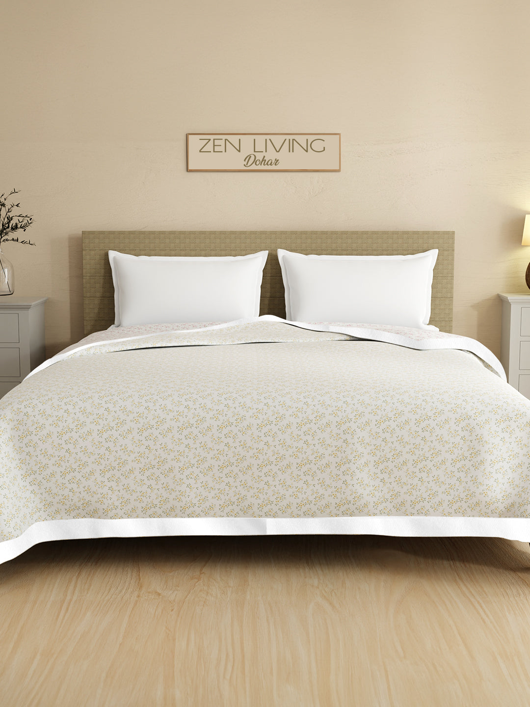Reversible Double Size Dohar, TENCEL™ 250 TC, Beige & Grey Floral (100 L x 90 W inches), Zen Living