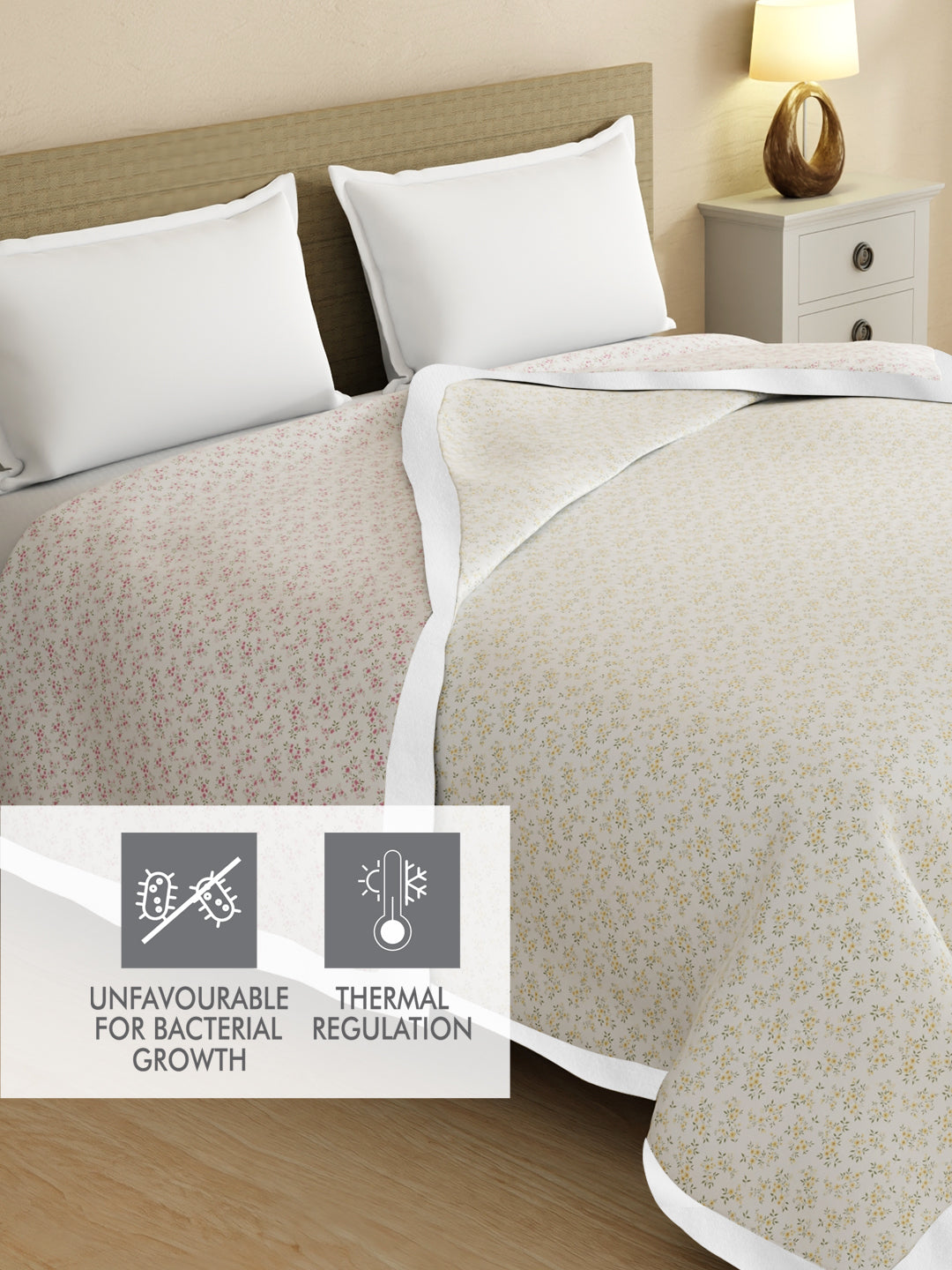 Reversible Double Size Dohar, TENCEL™ 250 TC, Beige & Grey Floral (100 L x 90 W inches), Zen Living