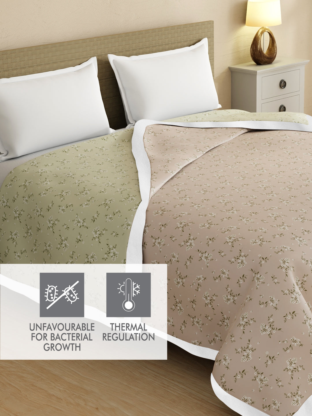 Zen Living reversible TENCEL™ dohar in pink and grey floral design, soft 250 TC double-size blanket ideal for light, breathable comfort.