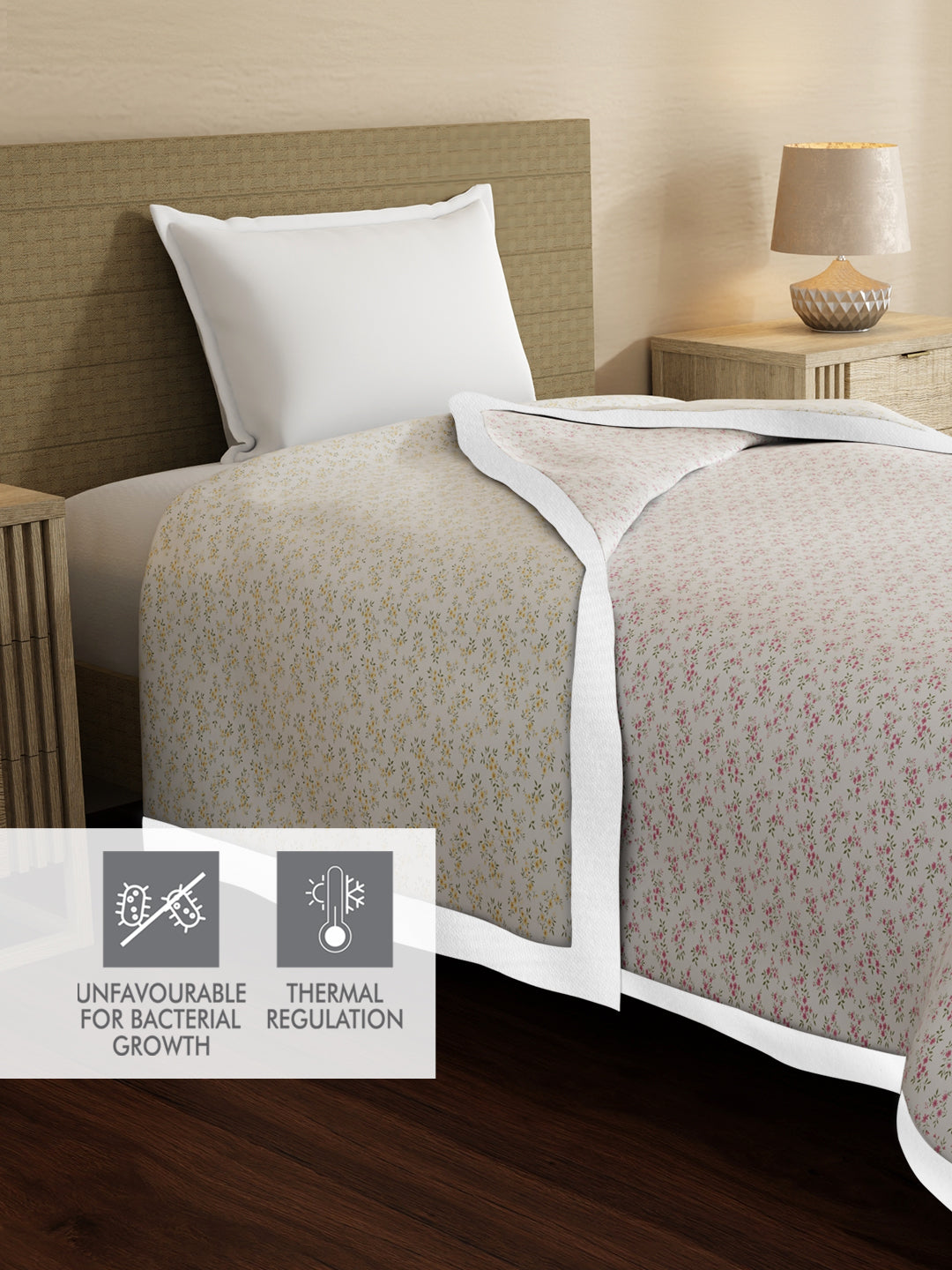 Zen Living TENCEL™ 250 TC White & Grey Floral Reversible Single Size Dohar (90 L x 60 W inches)
