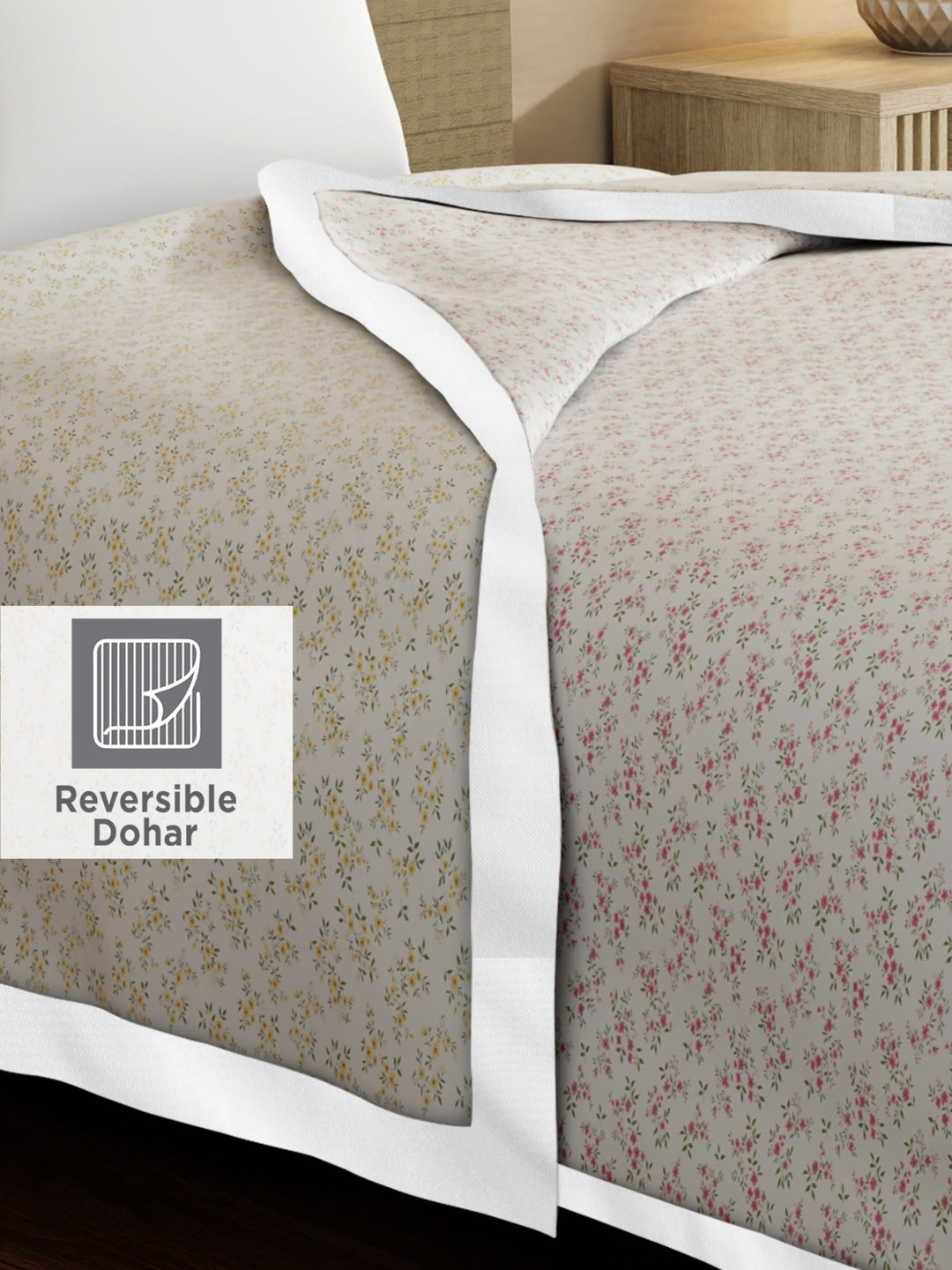 Zen Living TENCEL™ 250 TC White & Grey Floral Reversible Single Size Dohar (90 L x 60 W inches)